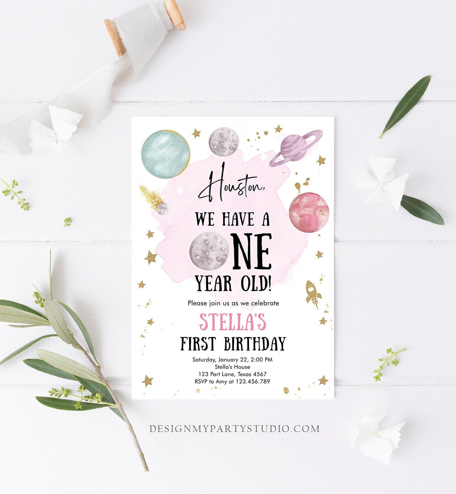 Editable Outer Space First Birthday Invitation Galaxy Houston First Trip Around the Sun One Digital Download Evite Template Printable 0357