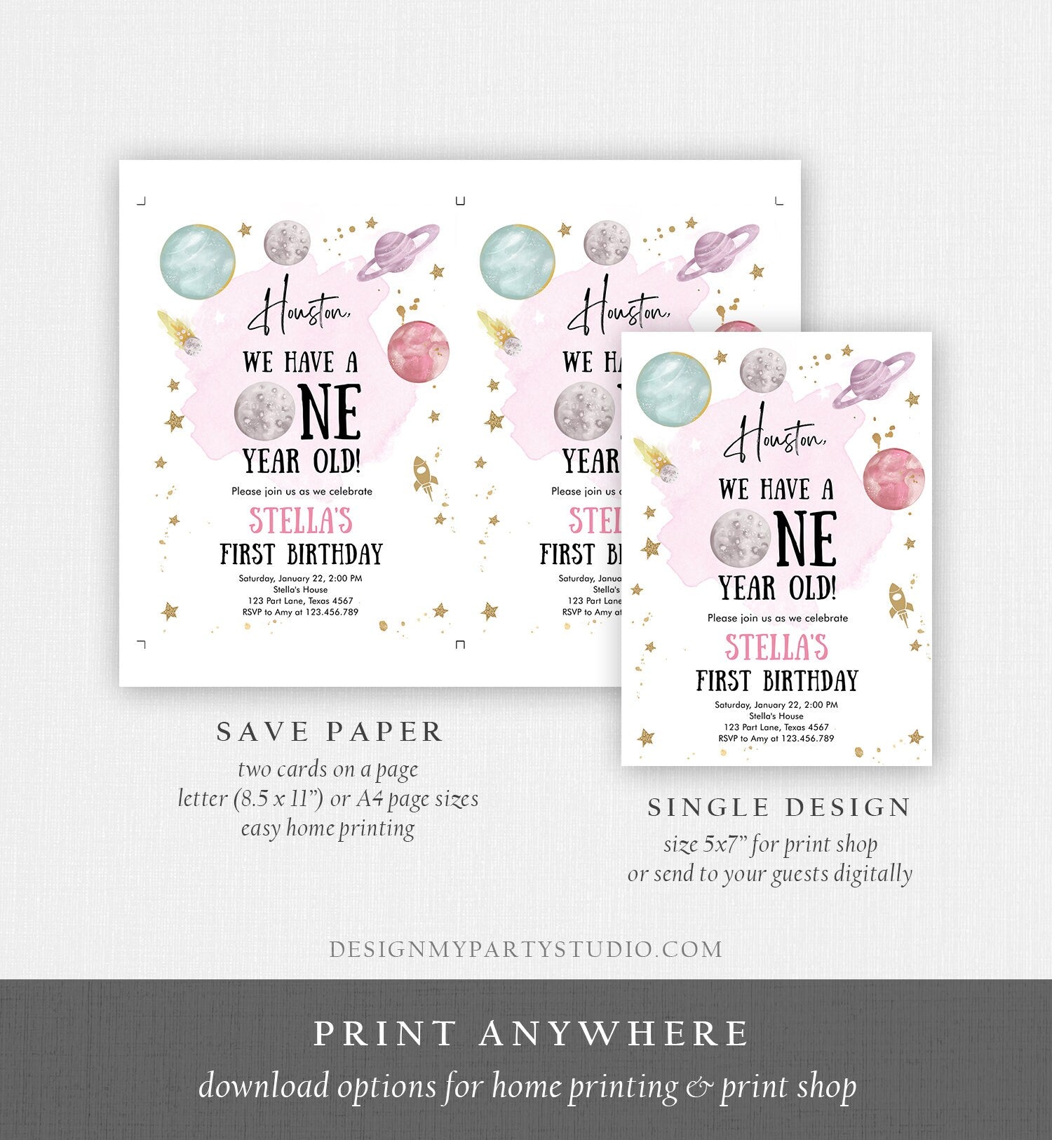 Editable Outer Space First Birthday Invitation Galaxy Houston First Trip Around the Sun One Digital Download Evite Template Printable 0357