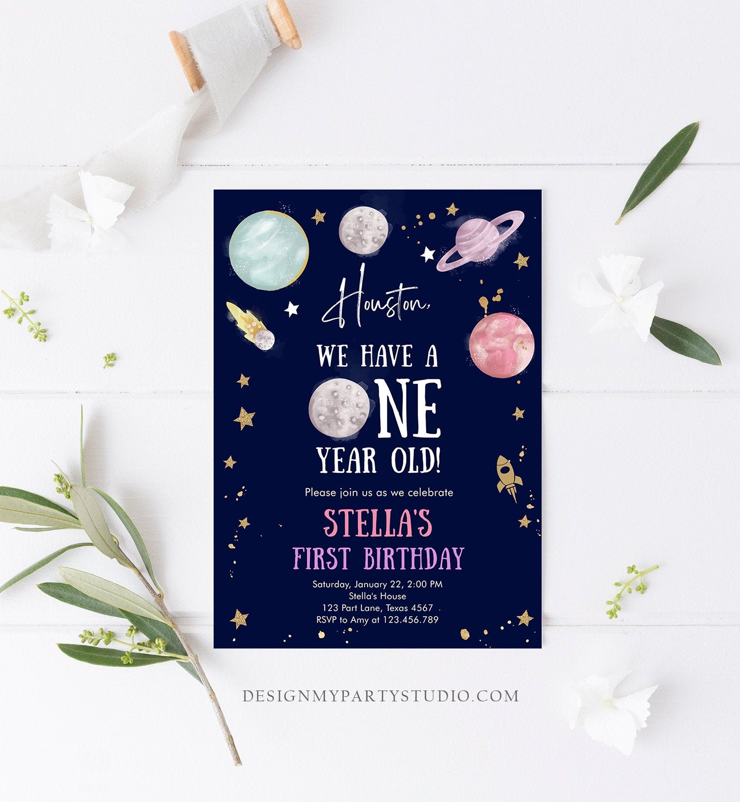 Editable Outer Space First Birthday Invitation Galaxy Houston First Trip Around the Sun One Digital Download Evite Template Printable 0357