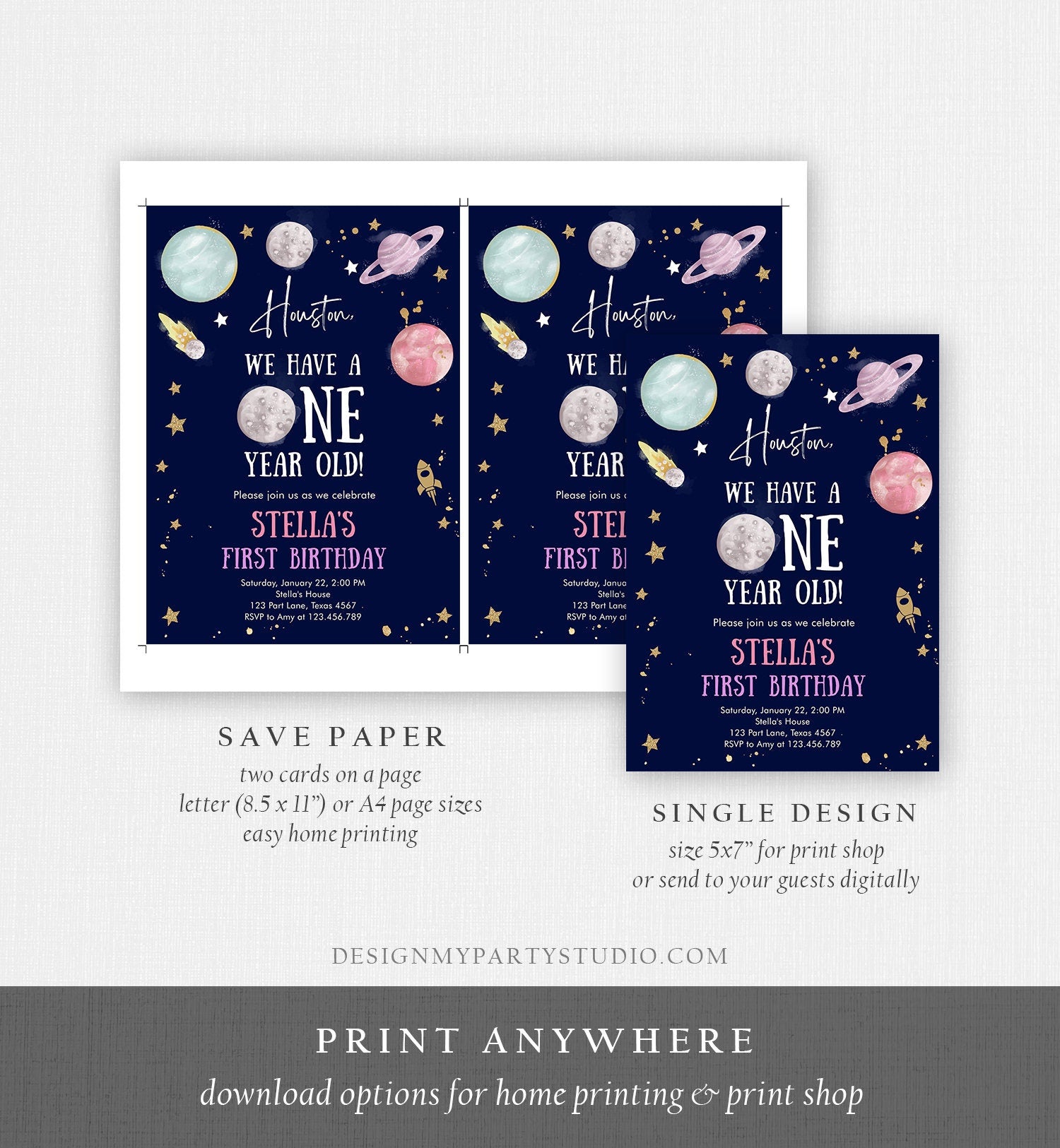 Editable Outer Space First Birthday Invitation Galaxy Houston First Trip Around the Sun One Digital Download Evite Template Printable 0357