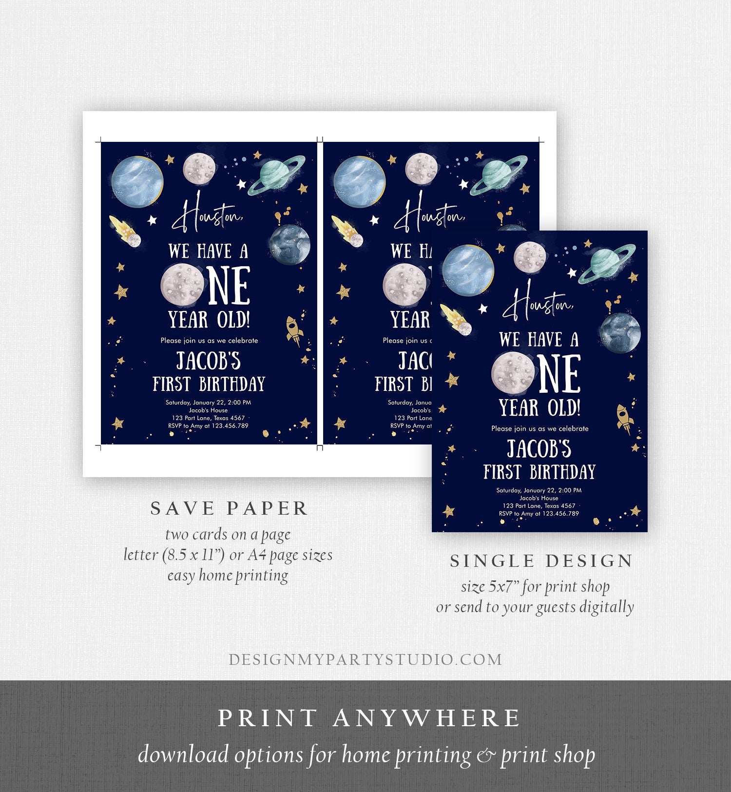 Editable Outer Space First Birthday Invitation Galaxy Houston First Trip Around the Sun One Digital Evite Template Printable 0357