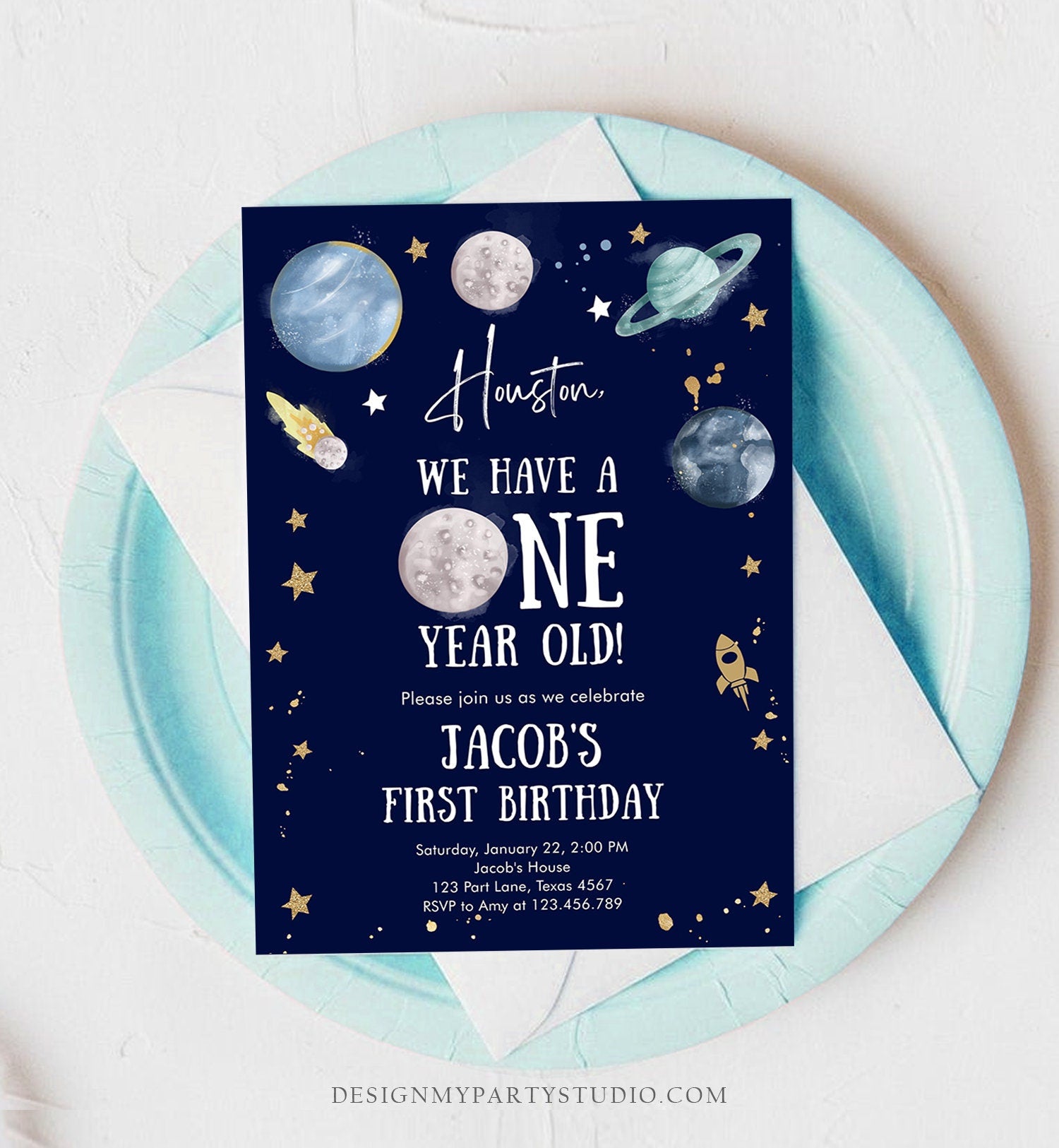 Editable Outer Space First Birthday Invitation Galaxy Houston First Trip Around the Sun One Digital Evite Template Printable 0357