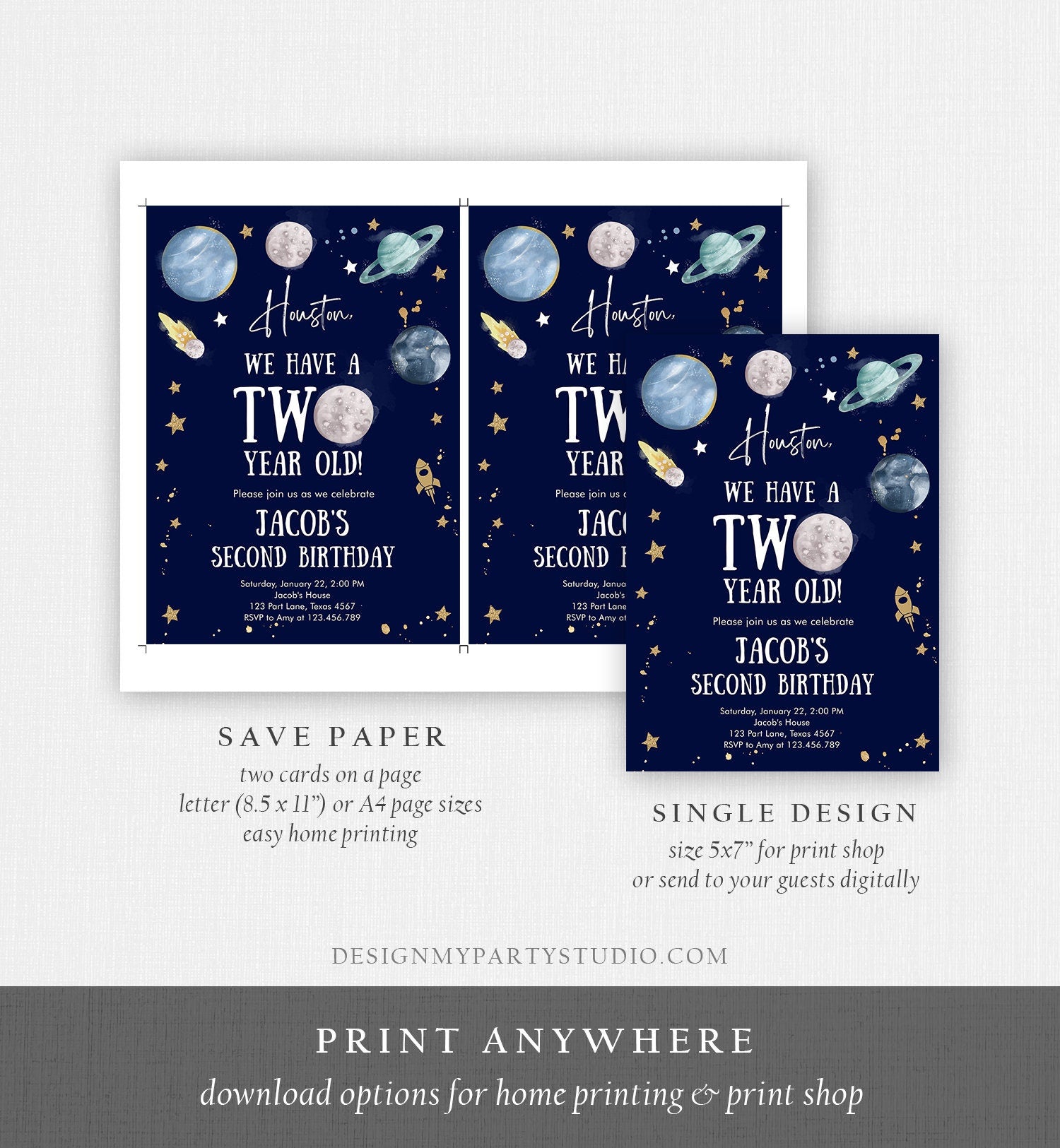 Editable Outer Space 2nd Birthday Invitation Galaxy Houston Two Year Old Second Birthday Boy Download Printable Template Digital Corjl 0357
