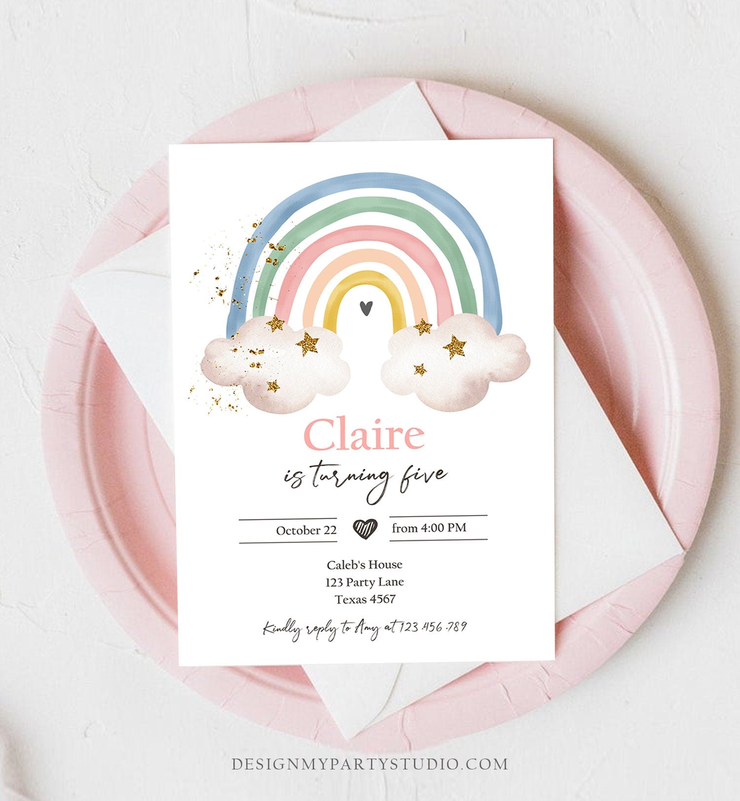 Editable Rainbow Birthday Invitation Pastel Rainbow Invite Girl Over The Rainbow Party Modern Boho Printable Download Digital Template 0387