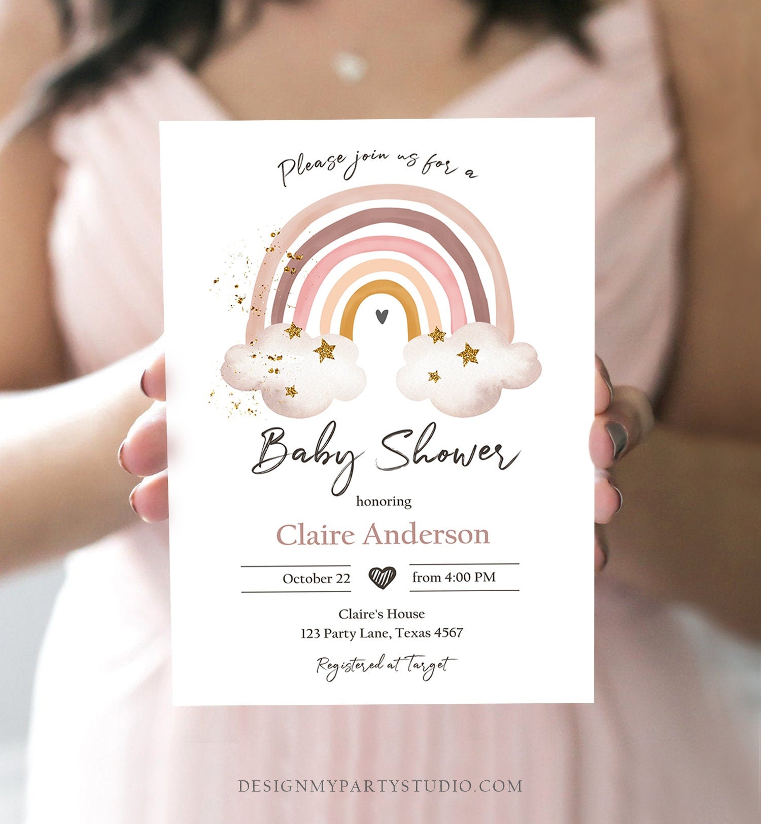 Editable Rainbow Baby Shower Invitation Rainbow Invitation Gender Neutral Pastel Boho Bohemian Digital Download Template Printable 0387