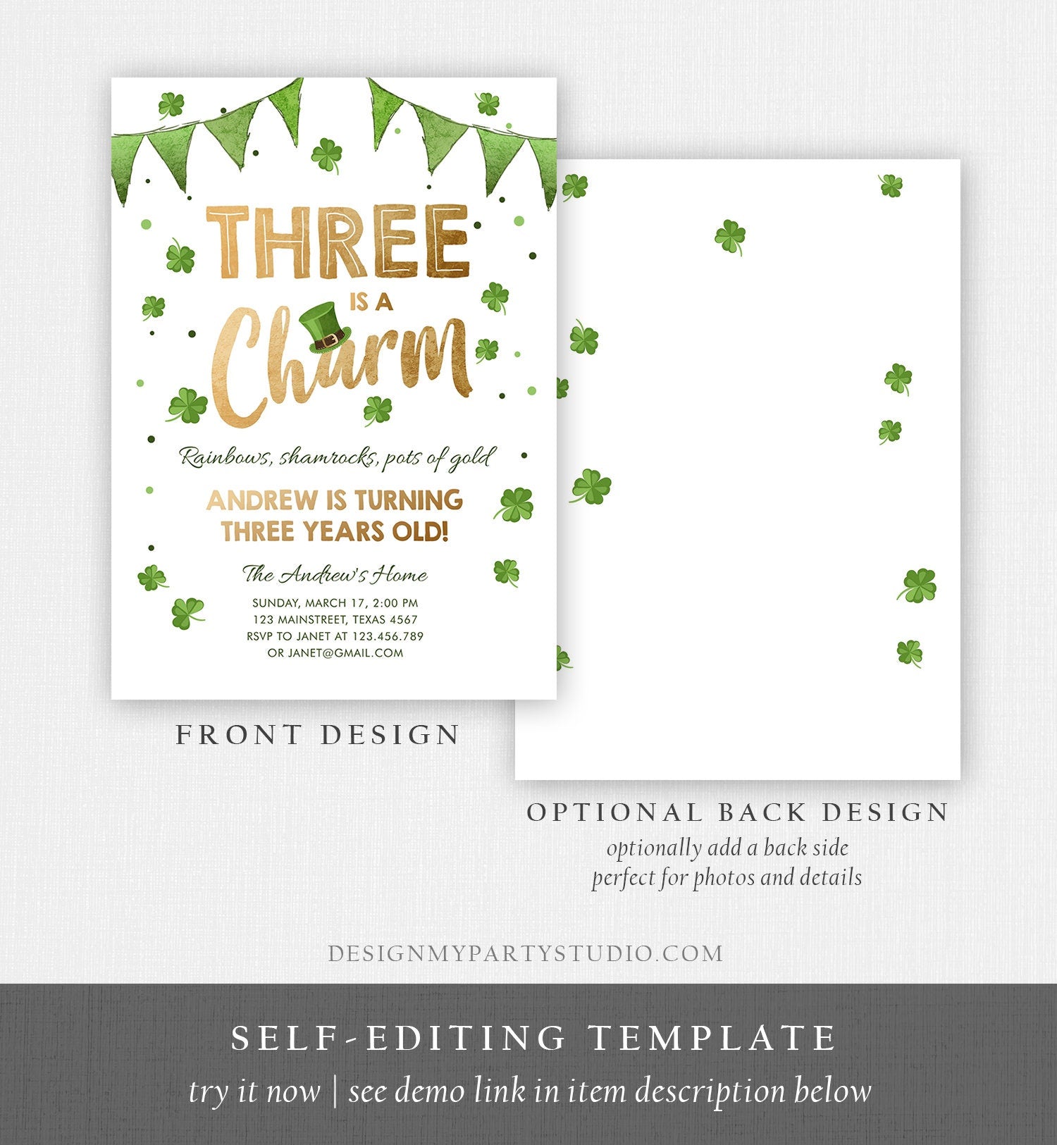 Editable St. Patrick's Day Birthday Invitation Three is a Charm Shamrock Clover St Patricks Day Third Birthday 3rd Boy Corjl Printable 0115