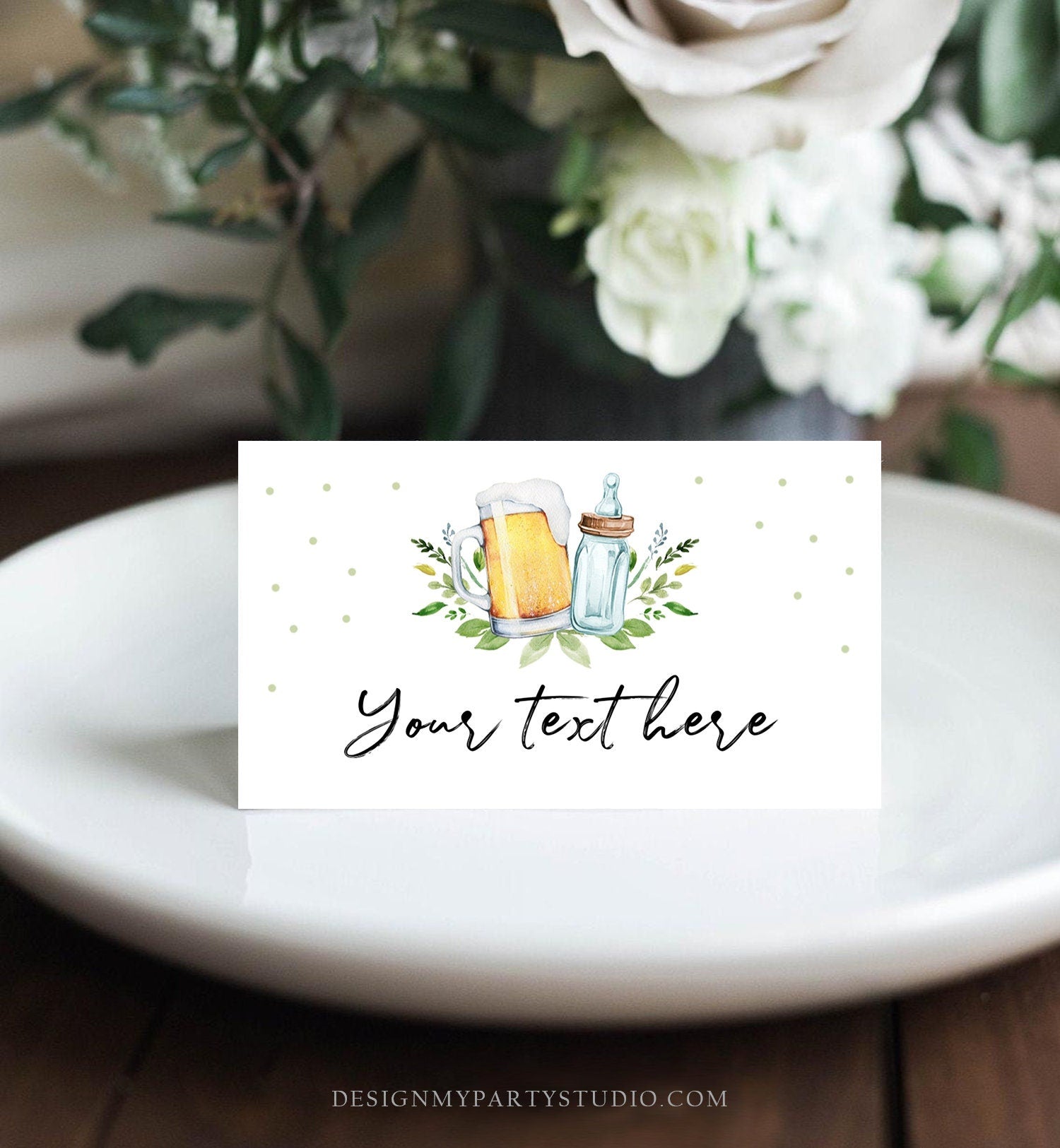 Editable Baby is Brewing Food Labels Tent Place Card Escort Card Gender Neutral Greenery Brewing Baby Shower Digital Template Printable 0190
