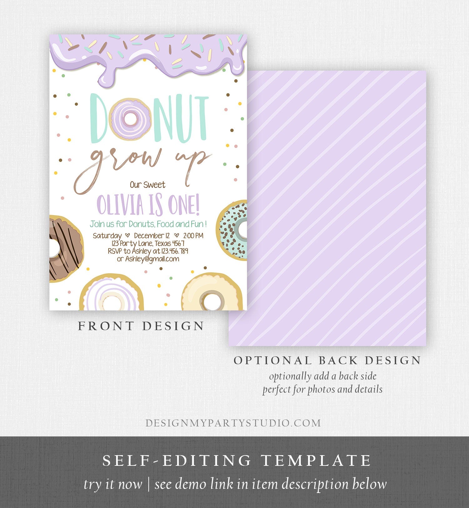 Editable Donut Grow Up Birthday Invitation First Birthday Party Lavender Girl Doughnut Sweet Digital Download Printable Template Corjl 0320