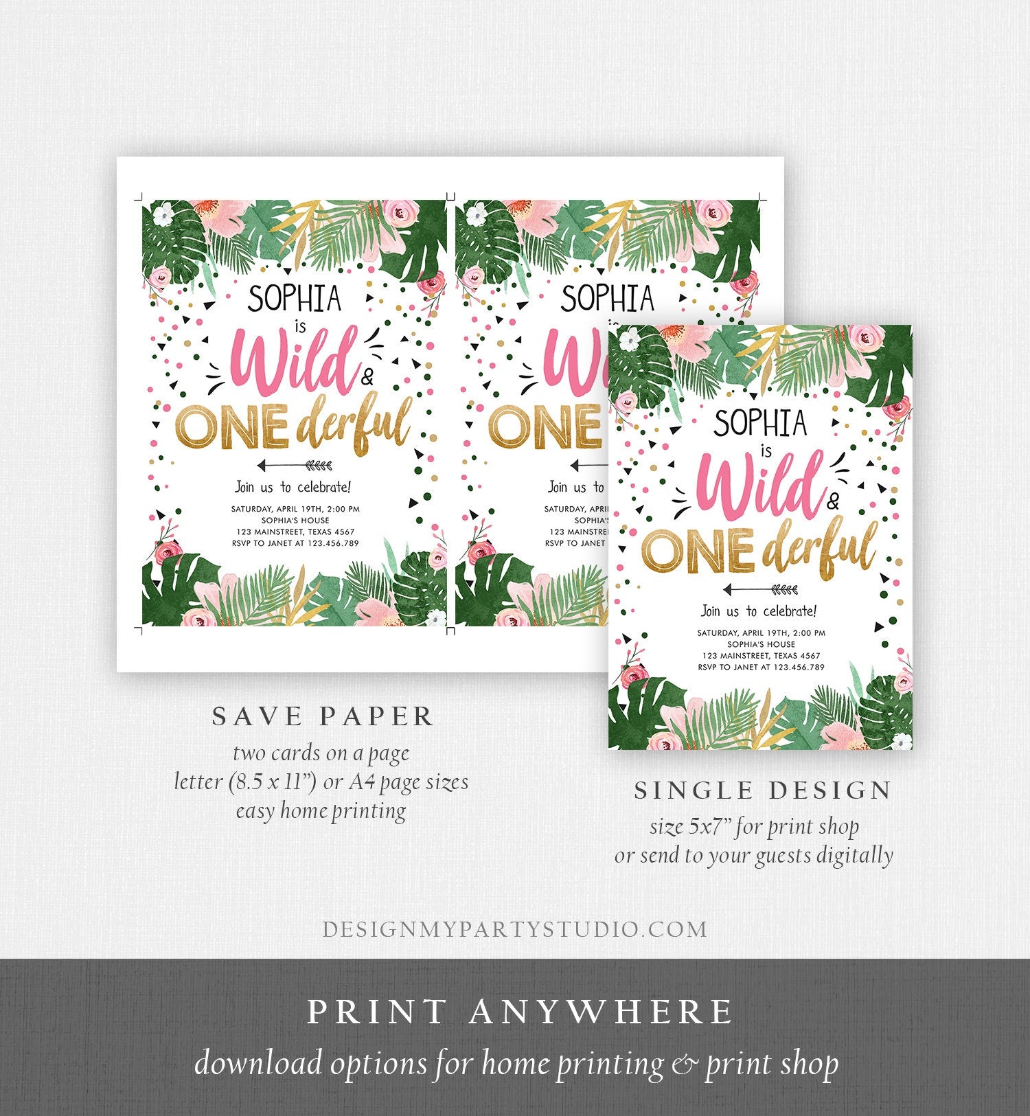 Editable Wild and Onederful Birthday Invitation Girl Wild One Safari Tropical Pink Gold Jungle First Birthday Evite Template Printable 0332