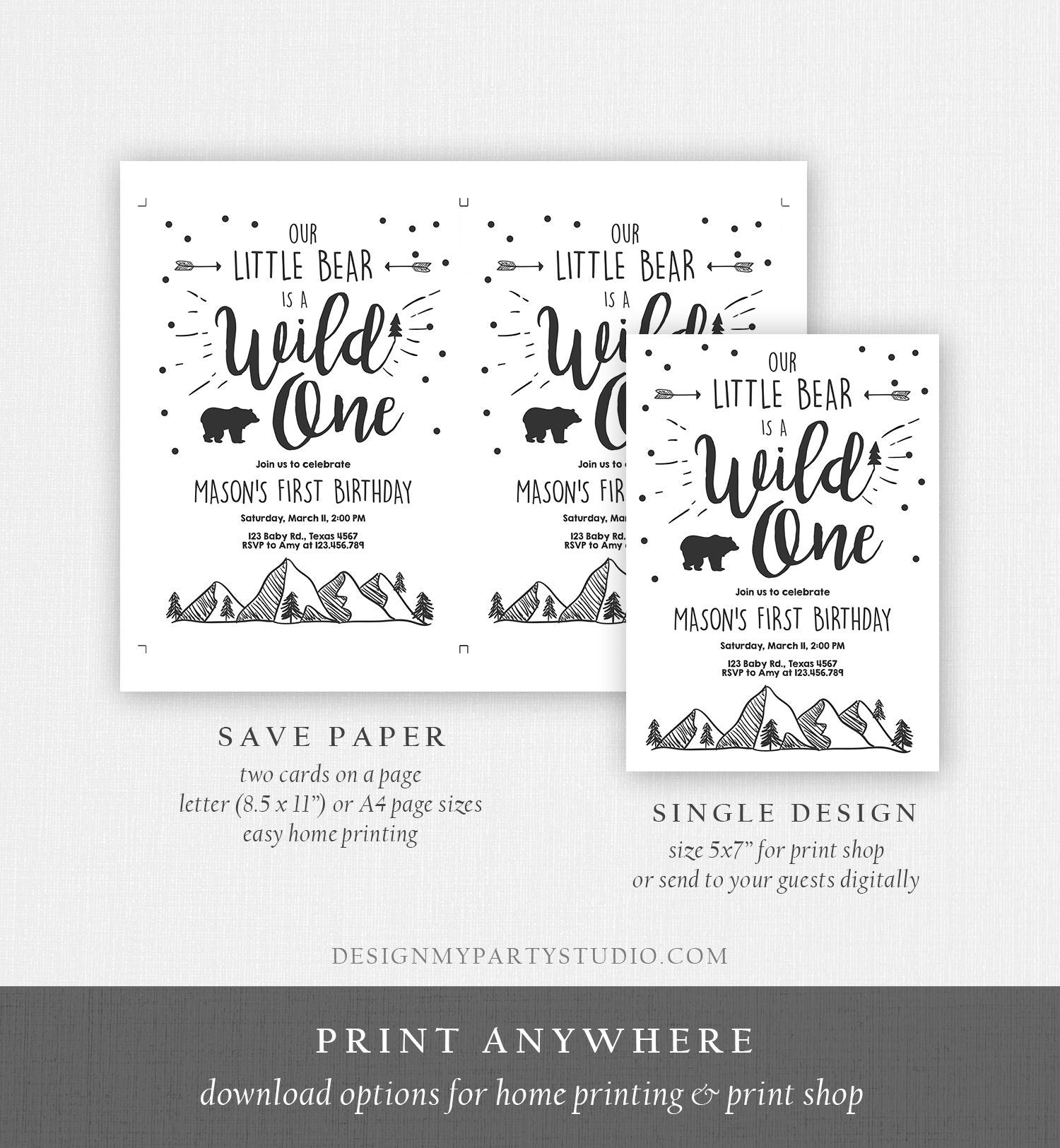 Editable Wild One Adventure First Birthday Invitation Little Bear Wild Things Boy Mountains Outdoor Digital Download Template Printable 0083