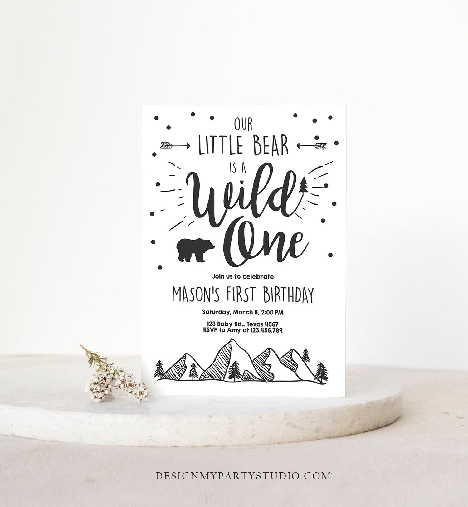 Editable Wild One Adventure First Birthday Invitation Little Bear Wild Things Boy Mountains Outdoor Digital Download Template Printable 0083