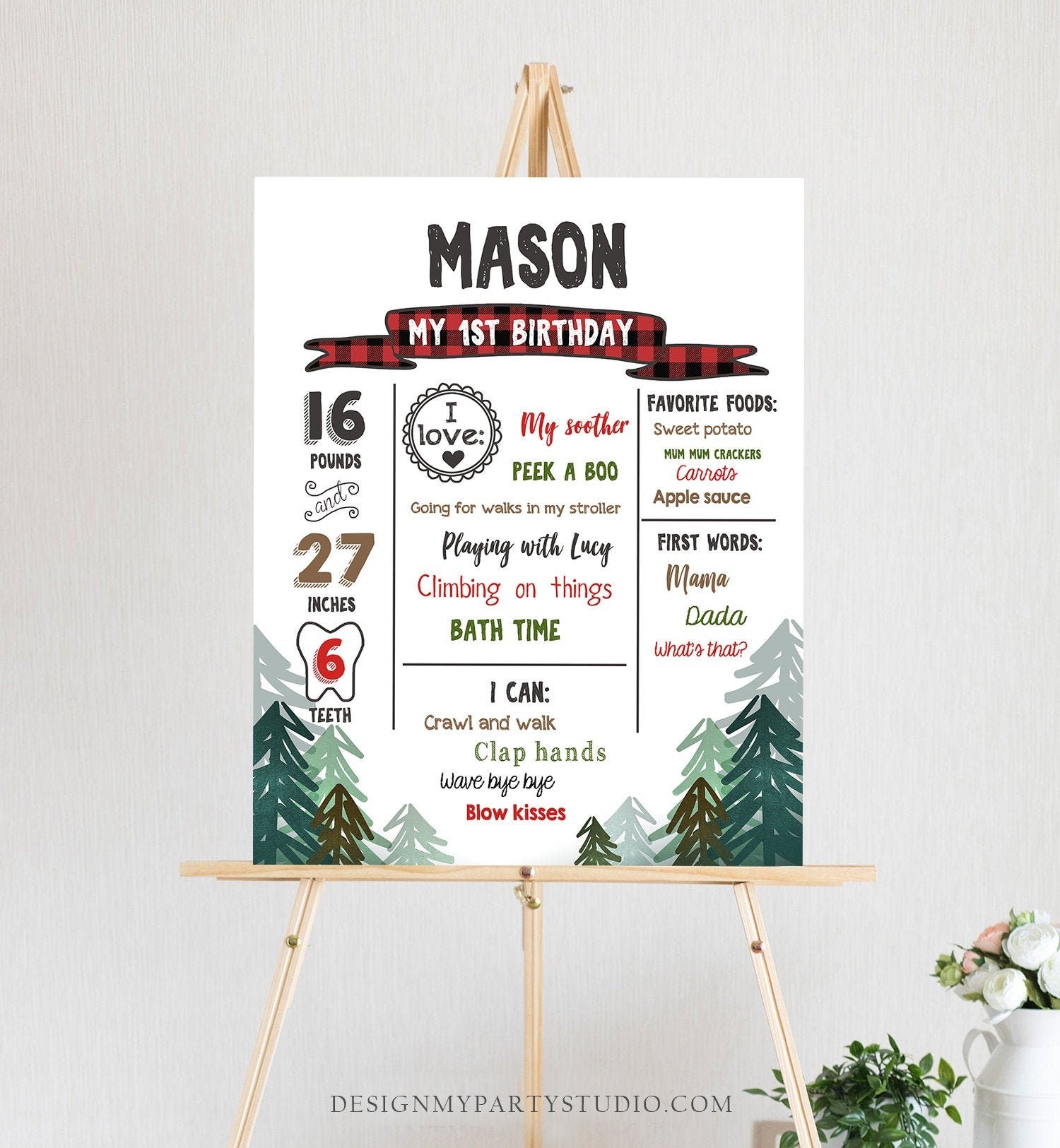 Editable Lumberjack Birthday Milestones Sign Pine Tree Stat Poster Infographic Woodland 1st Birthday Bear Template Printable Corjl 0377