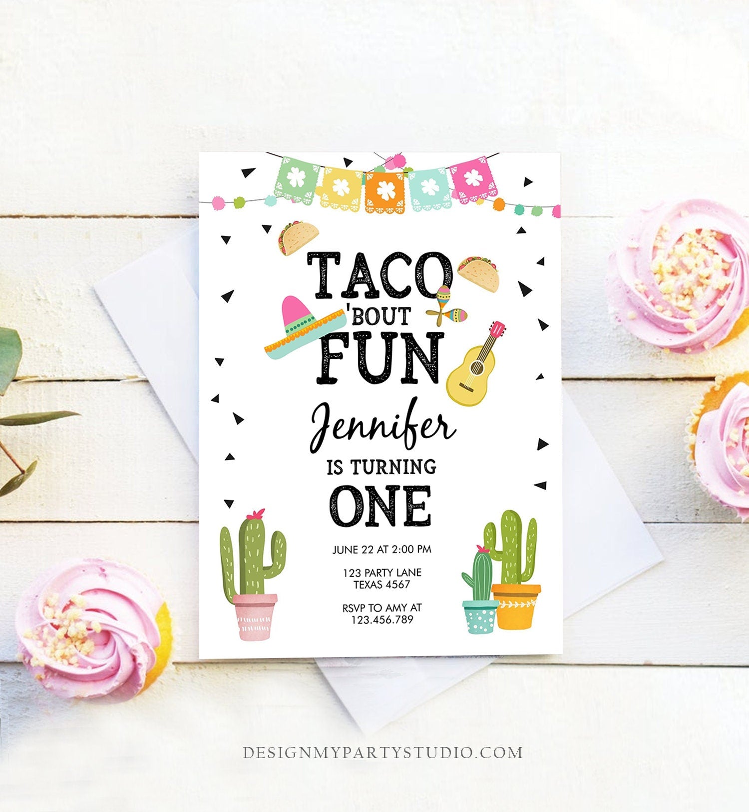 Editable Taco Bout Fun Birthday Invitation Girl First Fiesta Birthday Cactus Sombrero Pink Instant Download Printable Template Corjl 0161