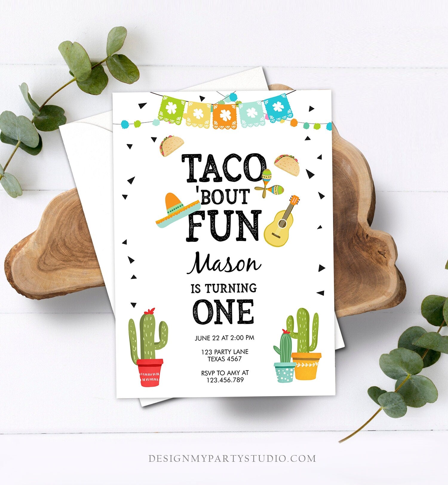 Editable Taco Bout Fun Birthday Invitation Boy First Fiesta Cactus Sombrero Blue Instant Download Printable Invitation Template Corjl 0161