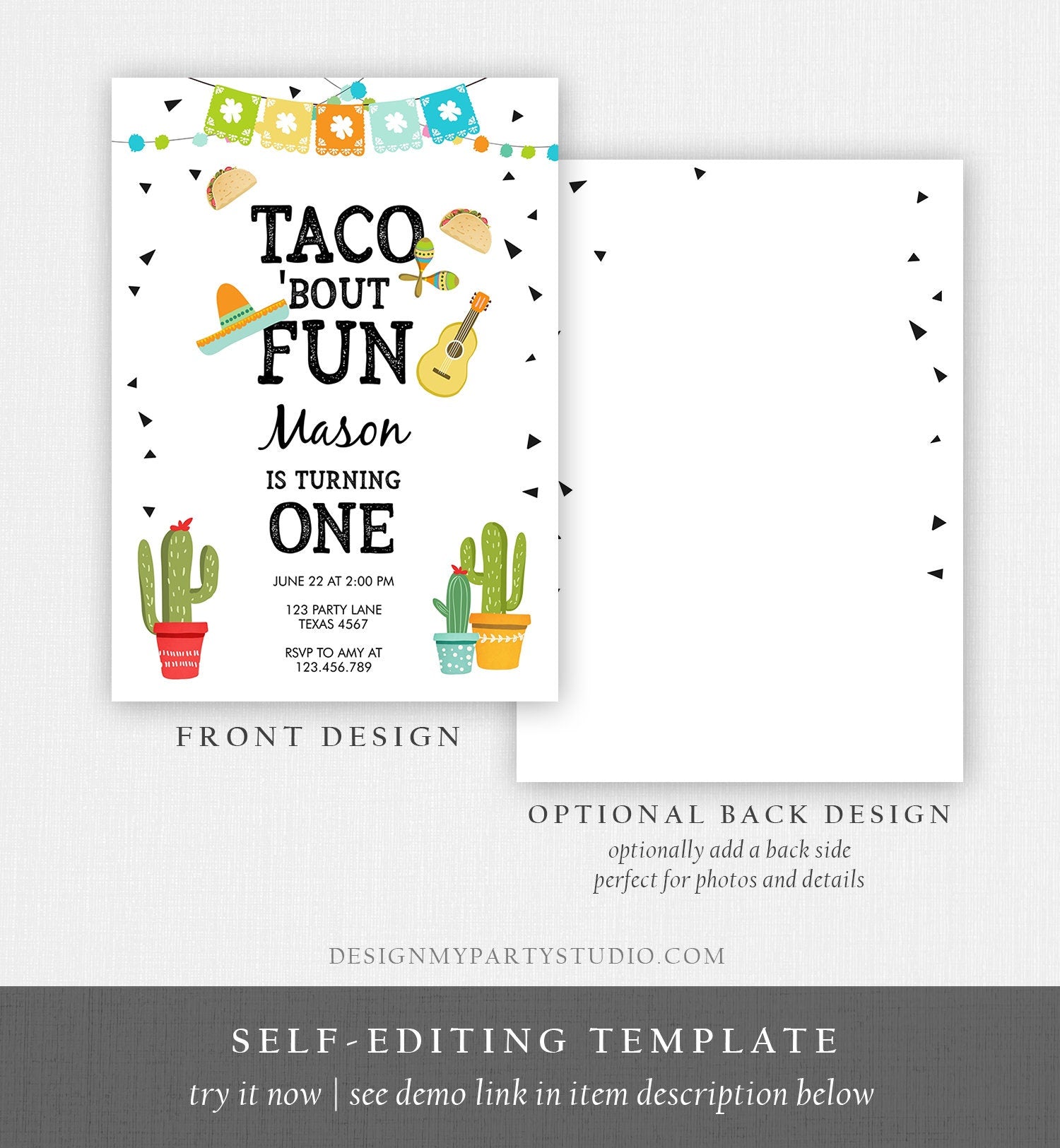 Editable Taco Bout Fun Birthday Invitation Boy First Fiesta Cactus Sombrero Blue Instant Download Printable Invitation Template Corjl 0161