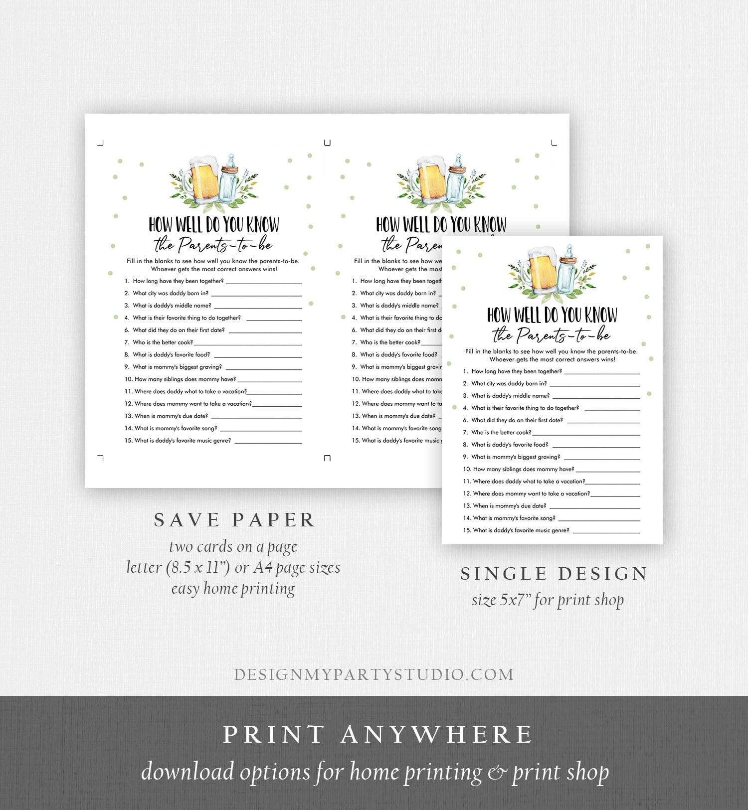 Editable How Well Do You Know the Parents Baby Shower Game Greenery Baby is Brewing Activity Beer Bottle Digital Template Printable 0190