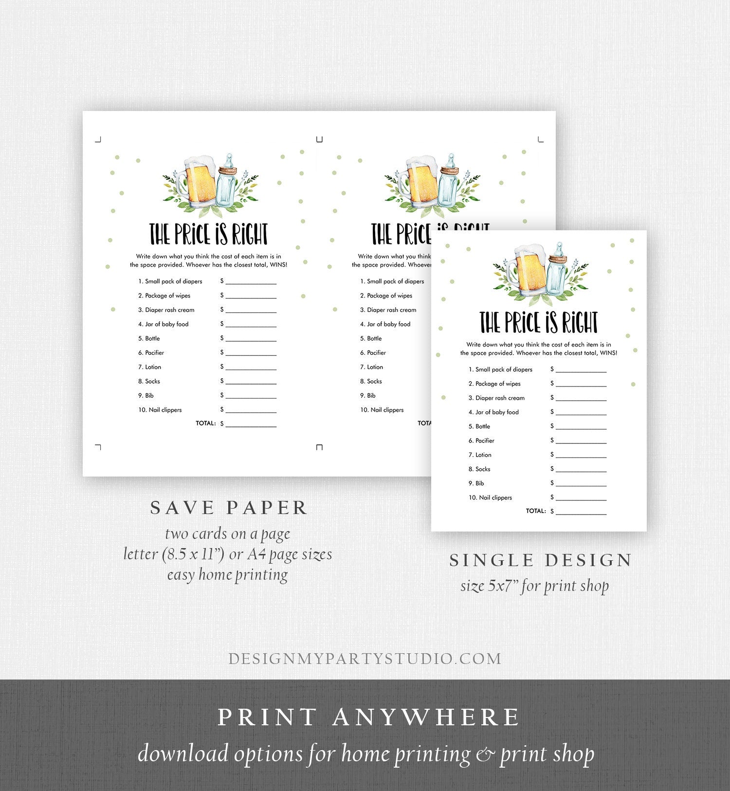 Editable The Price is Right Baby Shower Game Greenery Baby is Brewing Activity Gender Neutral Beer Bottle Digital Template Printable 0190