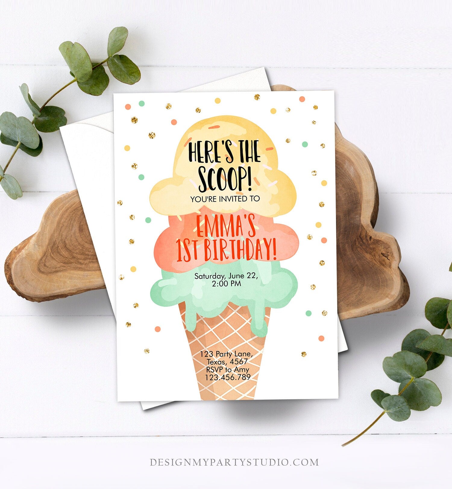 Editable Ice Cream Birthday Invitation First Birthday Party Here's the Scoop Cone Yellow Orange Mint Gold Printable Template Corjl 0243