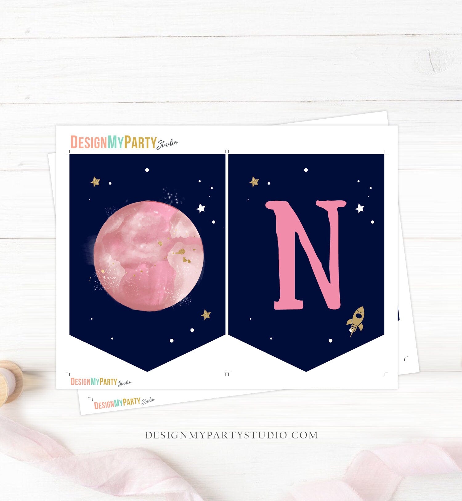 Outer Space Planets High Chair Banner Galaxy Girl 1st First Birthday Pink High Chair Banner ONE Space Party Decor Digital Printable 0357