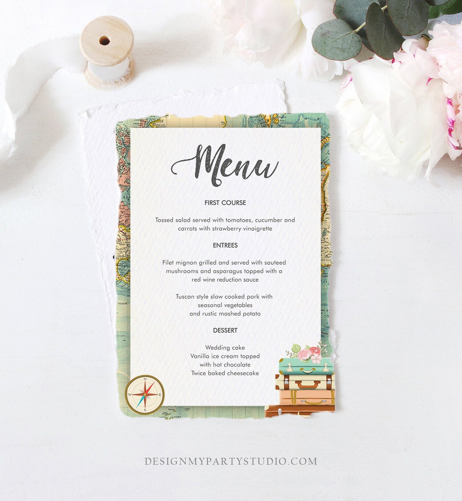 Editable Travel Adventure Menu Card Wedding Bridal Shower Birthday Party Traveling to Mrs Party Download Corjl Template Printable 0044