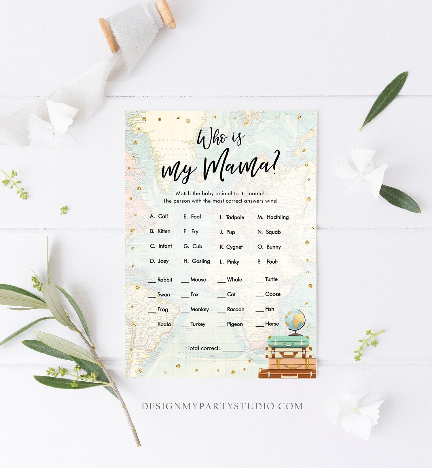 Editable Who is My Mama Baby Shower Game Card Travel Adventure Journey Animal Baby Names Activity Printable Download Template Corjl 0263