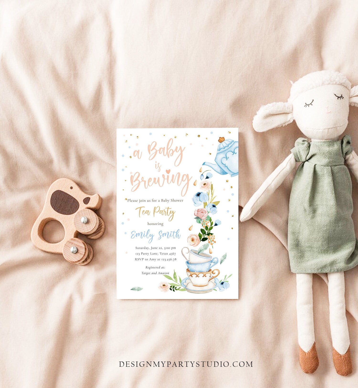 Editable Tea Party Baby Shower Invitation Tea Shower Sprinkle Floral Blue Boy Gold Brunch Bubbly Digital Download Template Printable 0349