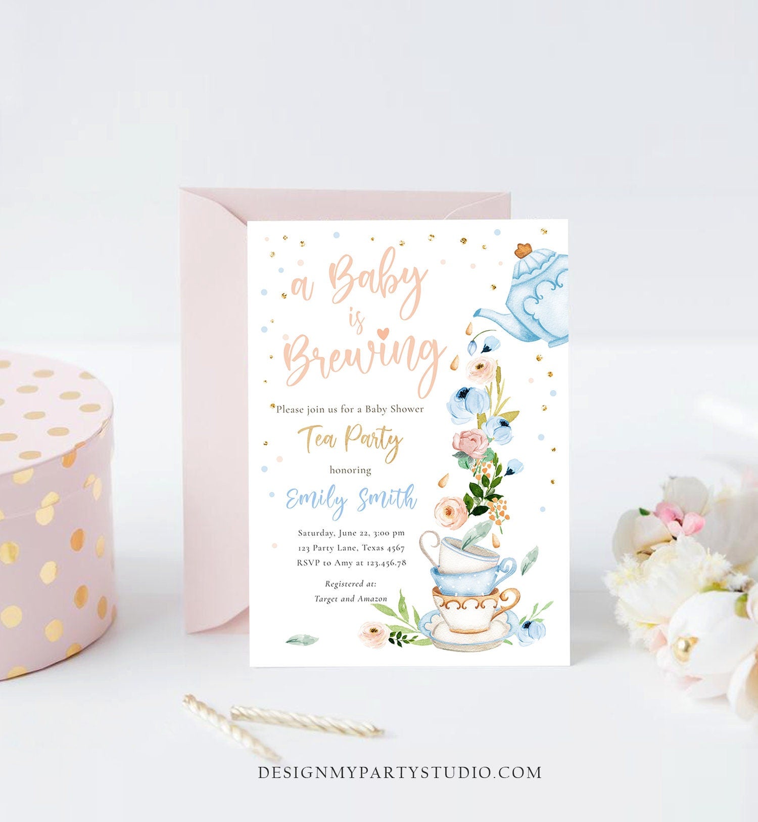 Editable Tea Party Baby Shower Invitation Tea Shower Sprinkle Floral Blue Boy Gold Brunch Bubbly Digital Download Template Printable 0349