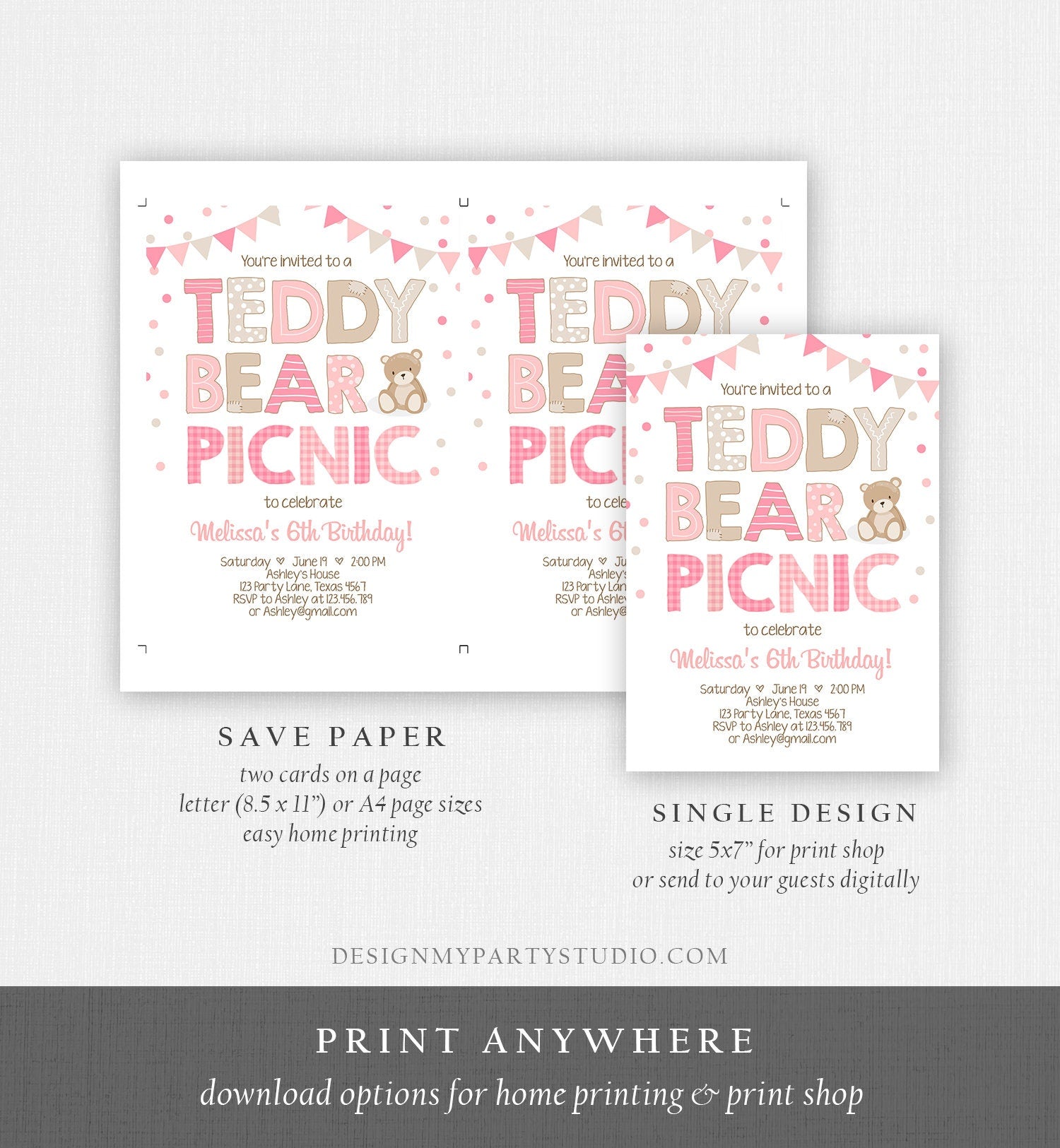 Editable Teddy Bear Picnic Birthday Invitation Girl Pink Bear Birthday Picnic Summer Outdoor Party Digital Evite Template Printable 0100