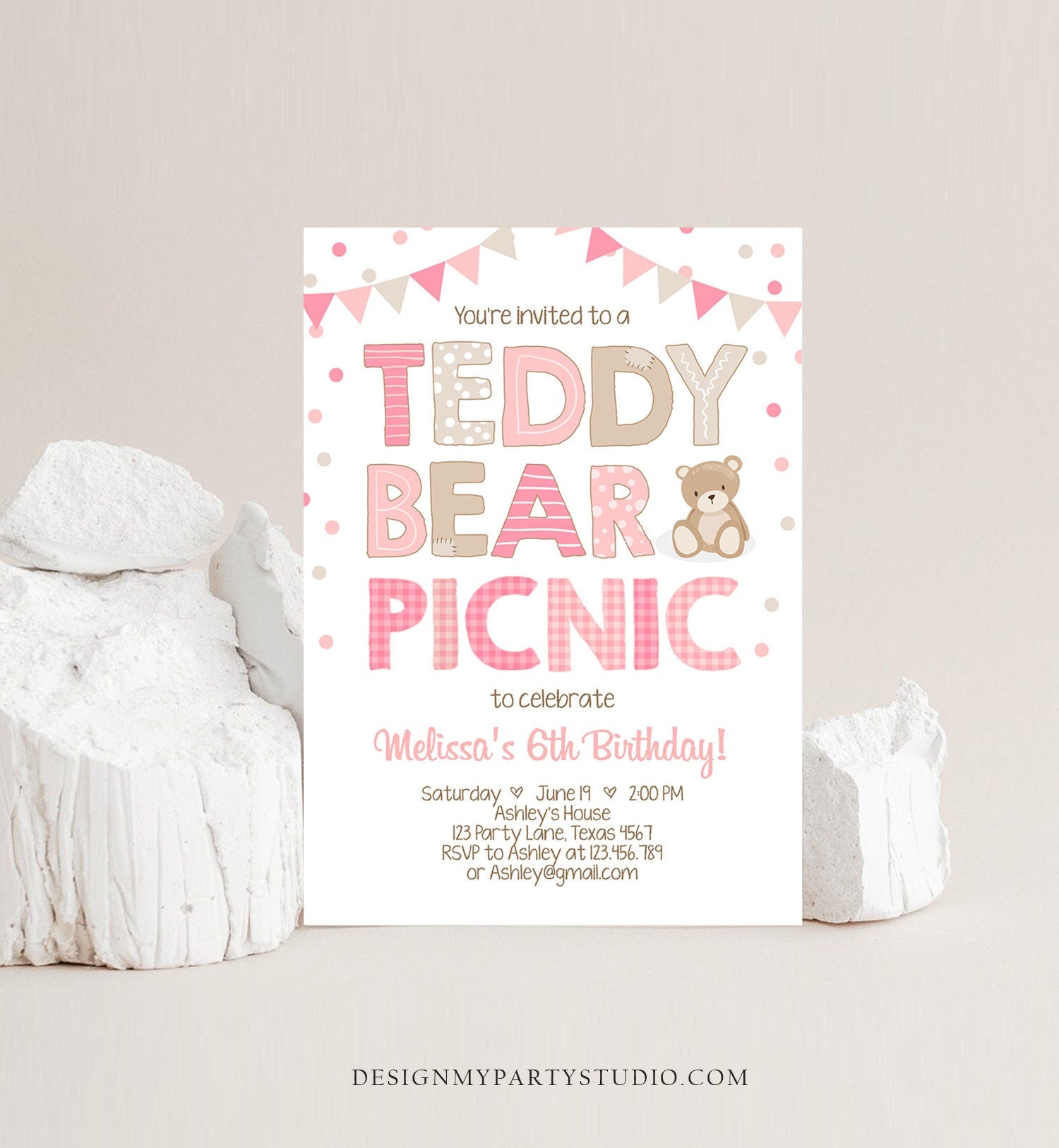 Editable Teddy Bear Picnic Birthday Invitation Girl Pink Bear Birthday Picnic Summer Outdoor Party Digital Evite Template Printable 0100