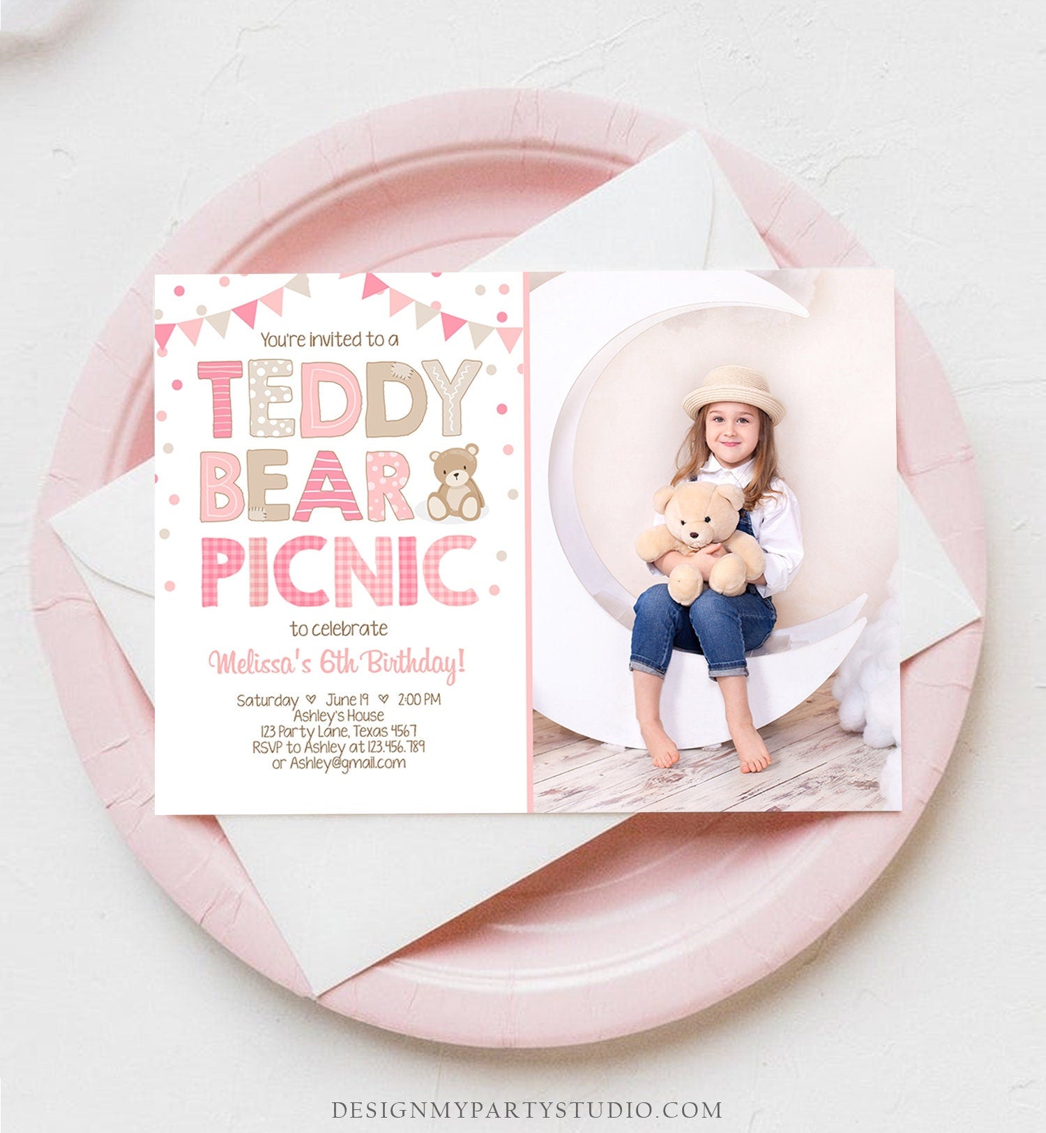 Editable Teddy Bear Picnic Birthday Invitation Girl Pink Bear Birthday Picnic Summer Outdoor Party Printable Digital Corjl Template 0100