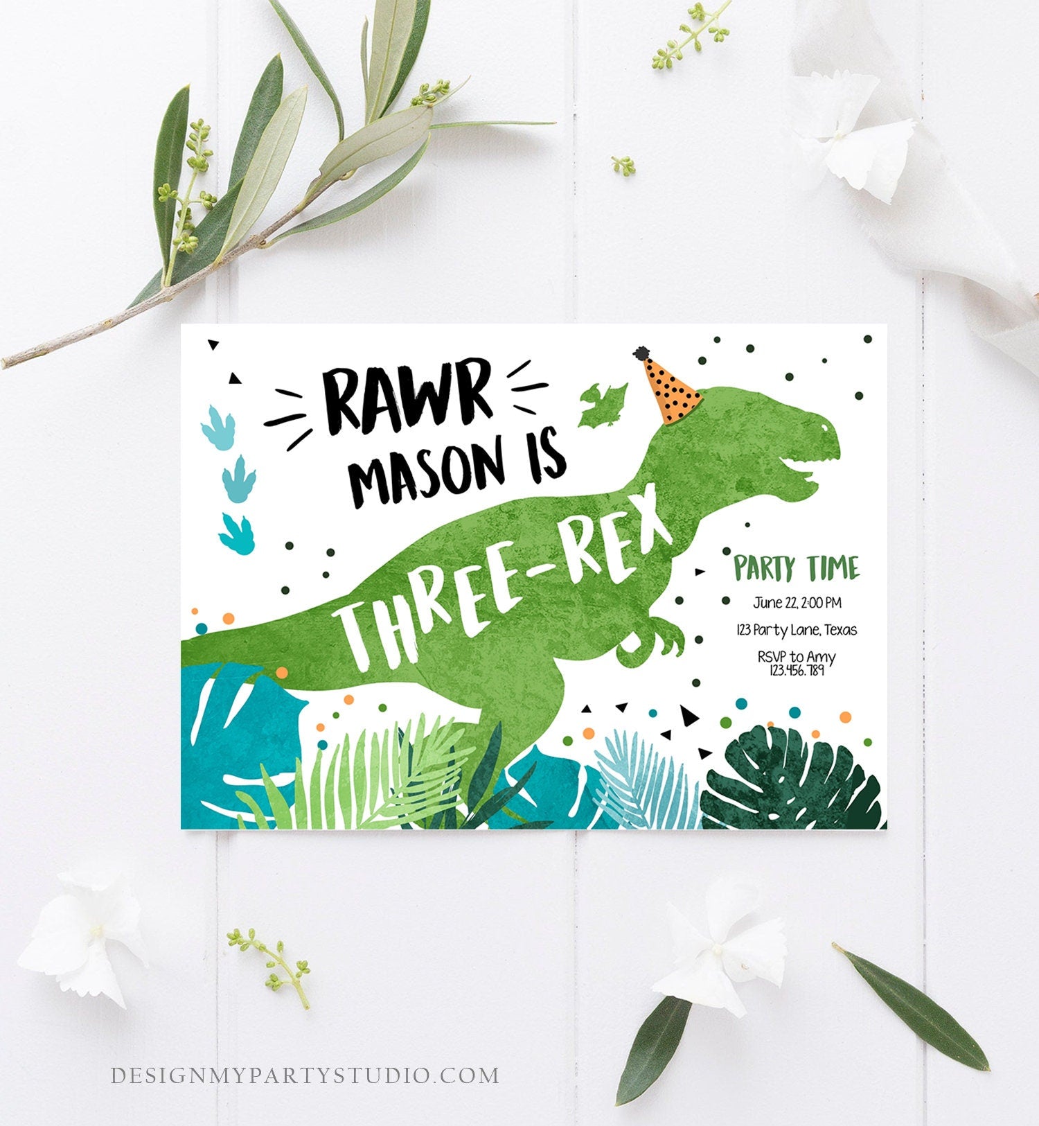 Editable Three-Rex Dinosaur Birthday Invitation Dino T-Rex Third Birthday 3rd Rawr Boy Green Prehistoric Digital Template Printable 0389