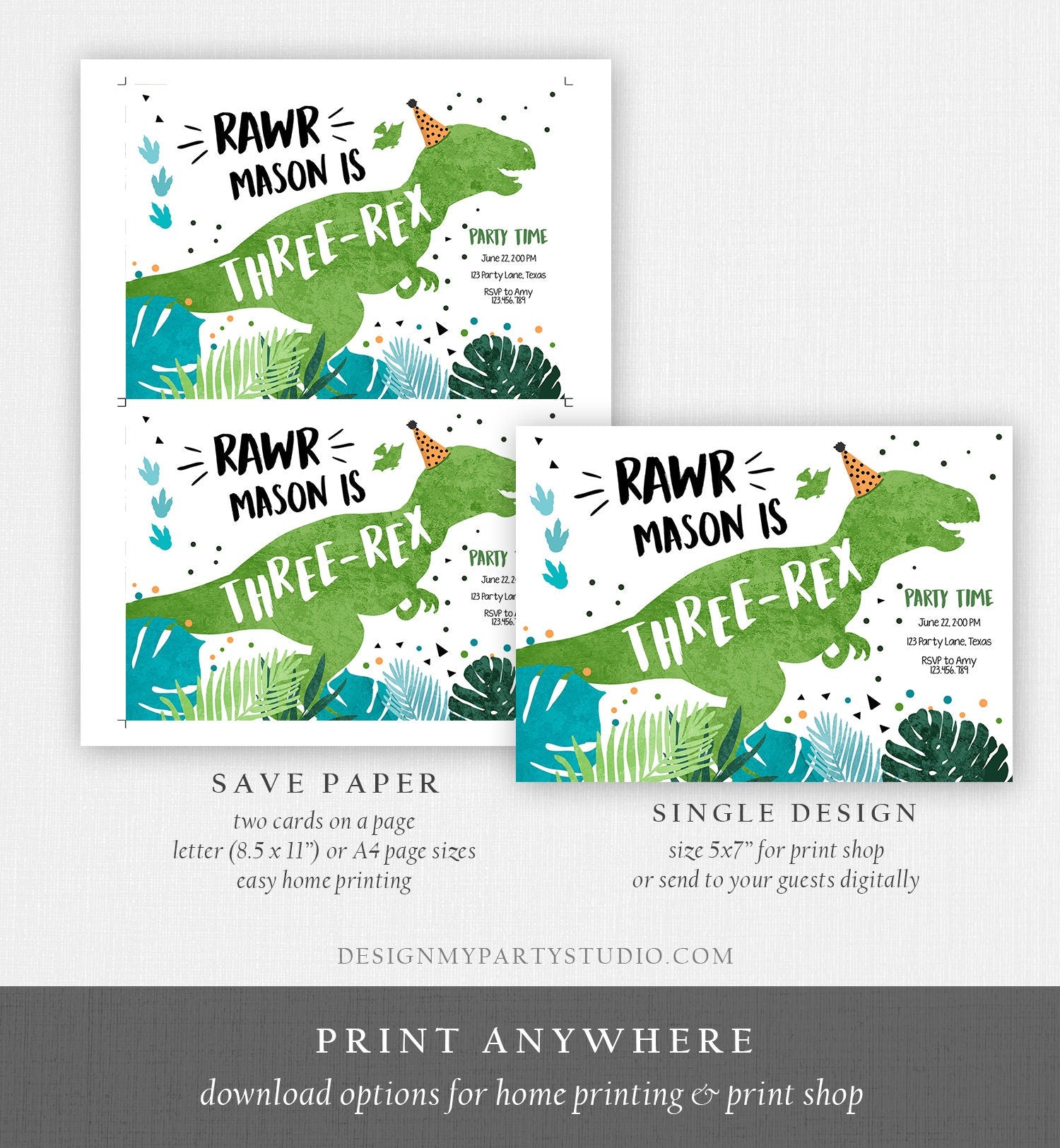 Editable Three-Rex Dinosaur Birthday Invitation Dino T-Rex Third Birthday 3rd Rawr Boy Green Prehistoric Digital Template Printable 0389