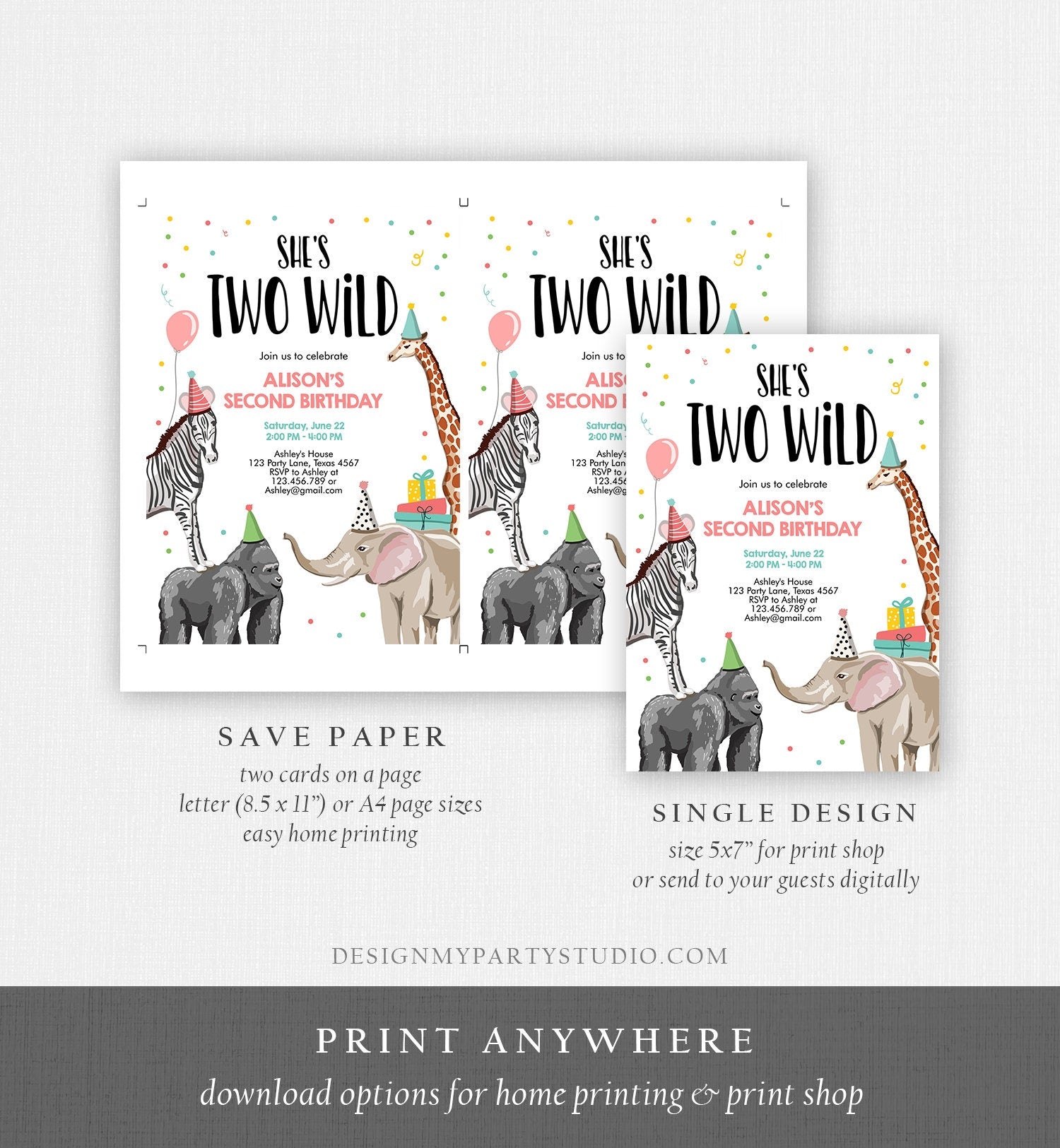 Editable Birthday Invitation Girl Two Wild Animals Invite Pink Safari Animals Zoo Instant Download Printable Template Digital Corjl 0142