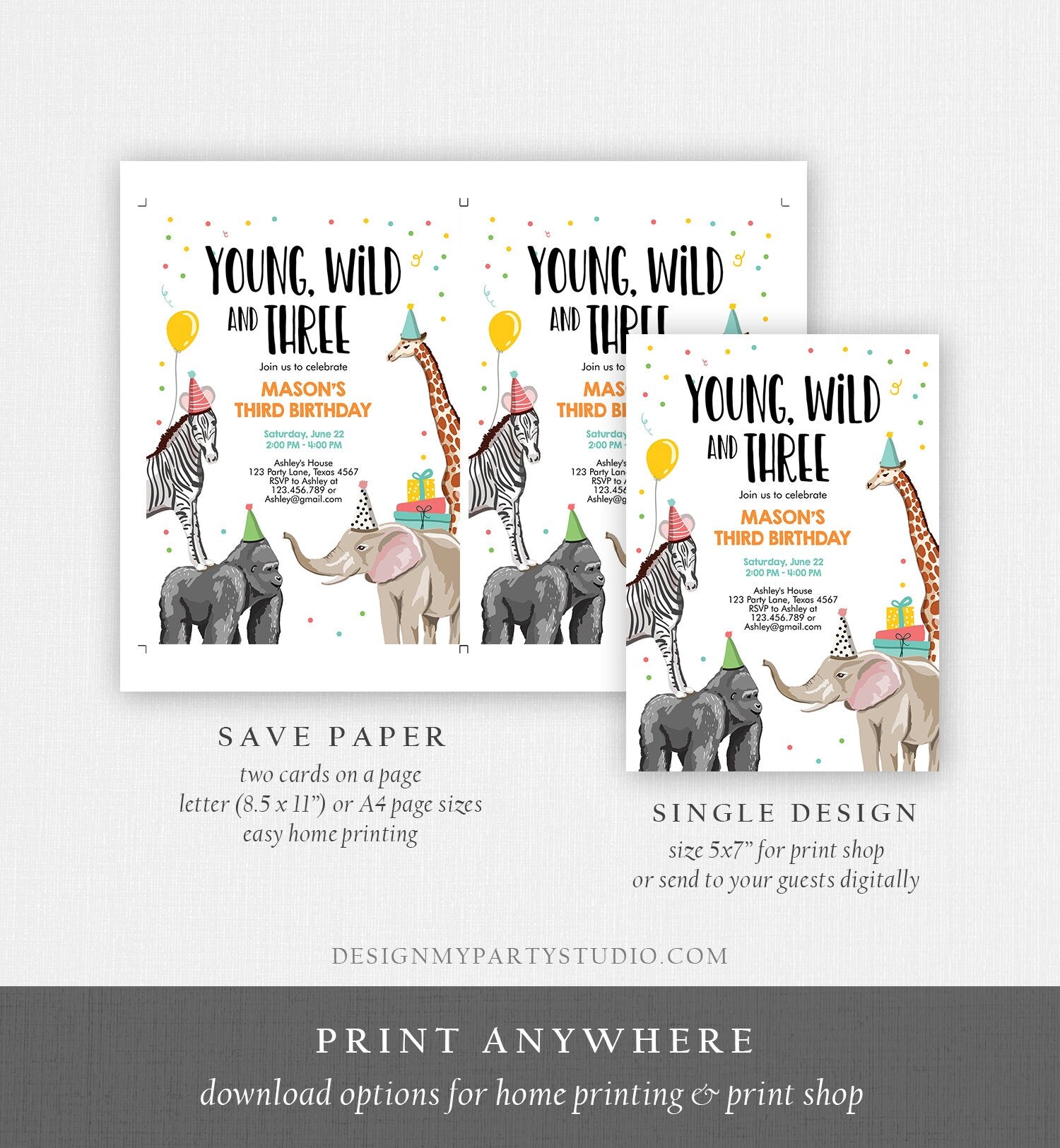 Editable Young Wild and Three Birthday Invitation Animals Invite Party Jungle Safari Boy 3rd Three Download Printable Template Corjl 0142