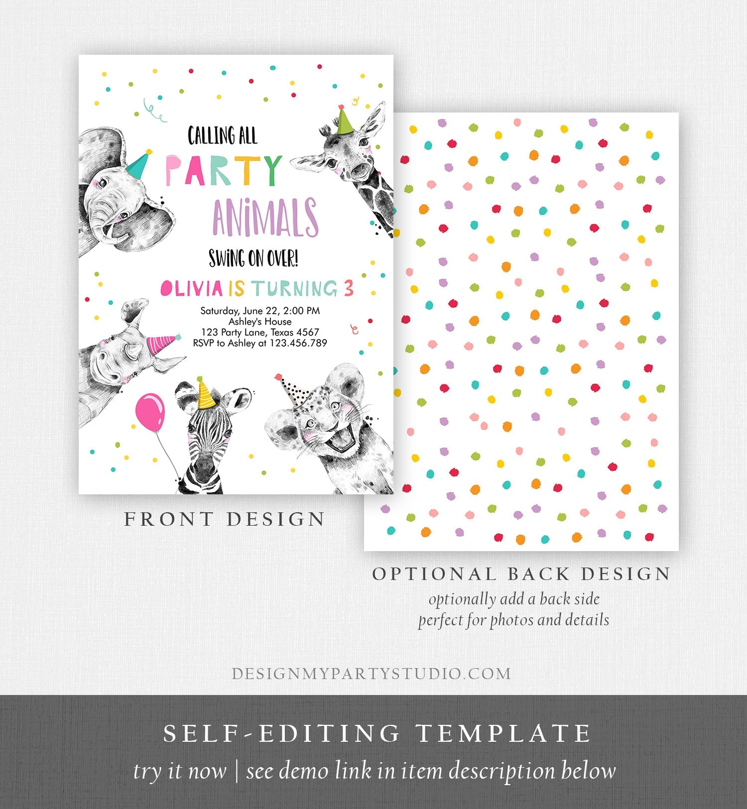 Editable Party Animals Birthday Invitation Wild One Animals Invitation Zoo Safari Animals Girl Download Printable Invite Template Corjl 0390