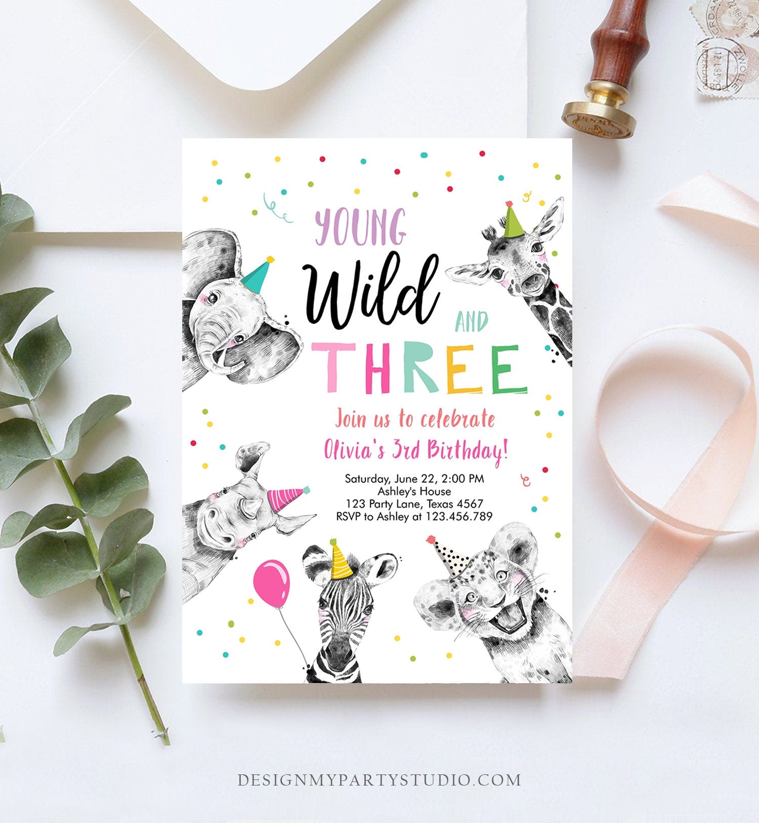 Editable Young Wild and Three Birthday Invitation Girl Pink and Gold Safari Party Animals Digital Download Evite Template Printable 0390