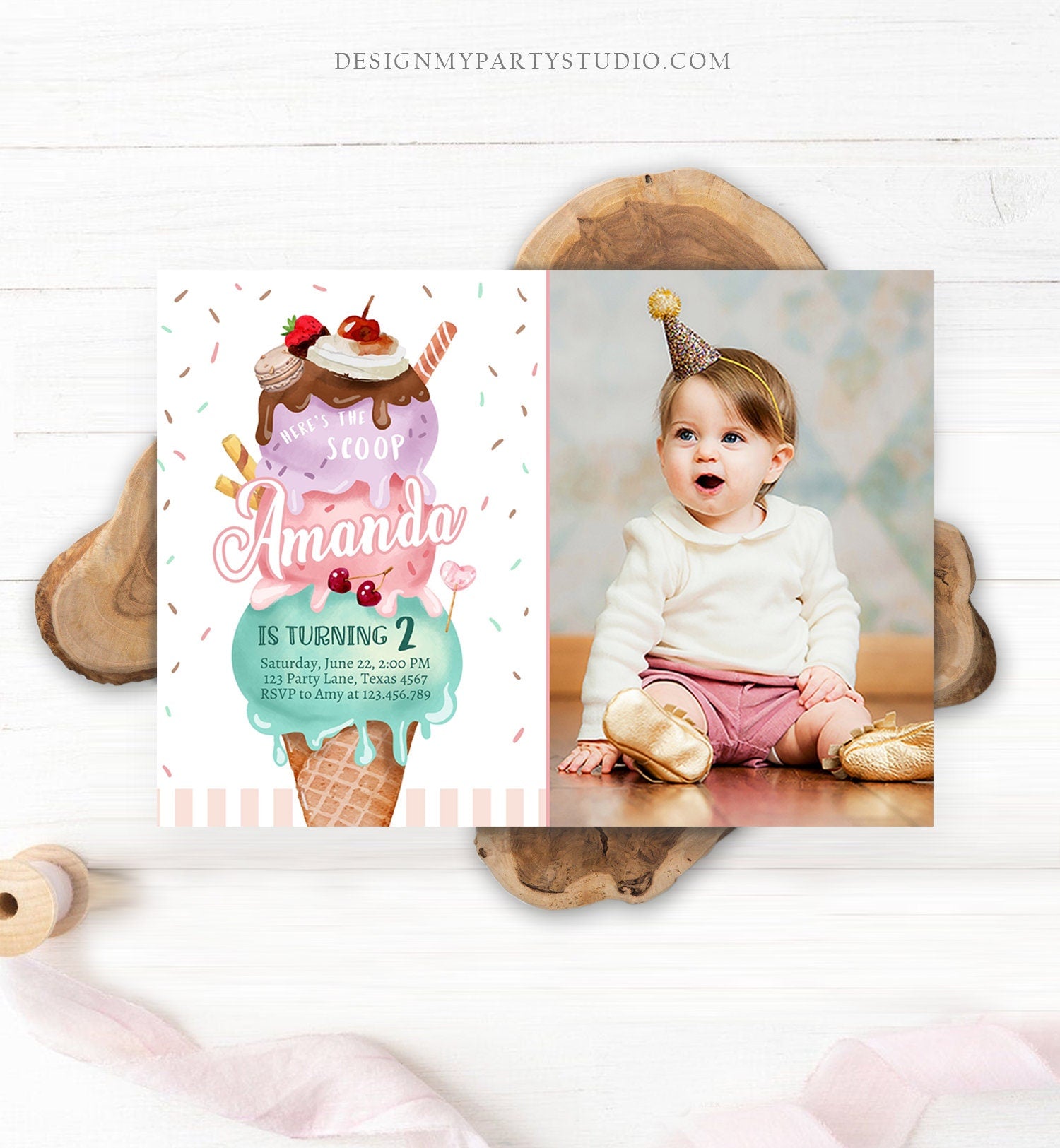 Editable Ice Cream Birthday Invitation Here's the Scoop Invite Cone Ice Cream Party 1st Pink Mint Purple Printable Template Corjl 0392