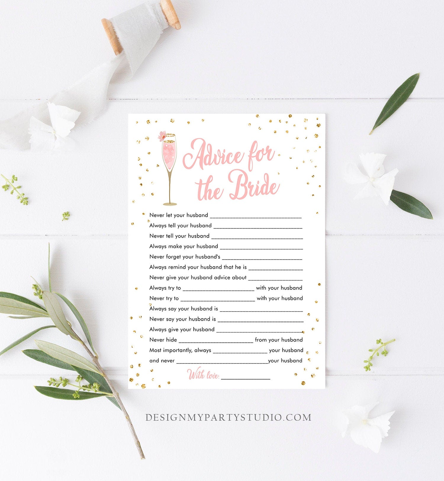 Editable Advice for the Bride to Be Brunch and Bubbly Bridal Shower Game Words of Wisdom Champagne Pink Floral Corjl Template Printable 0150
