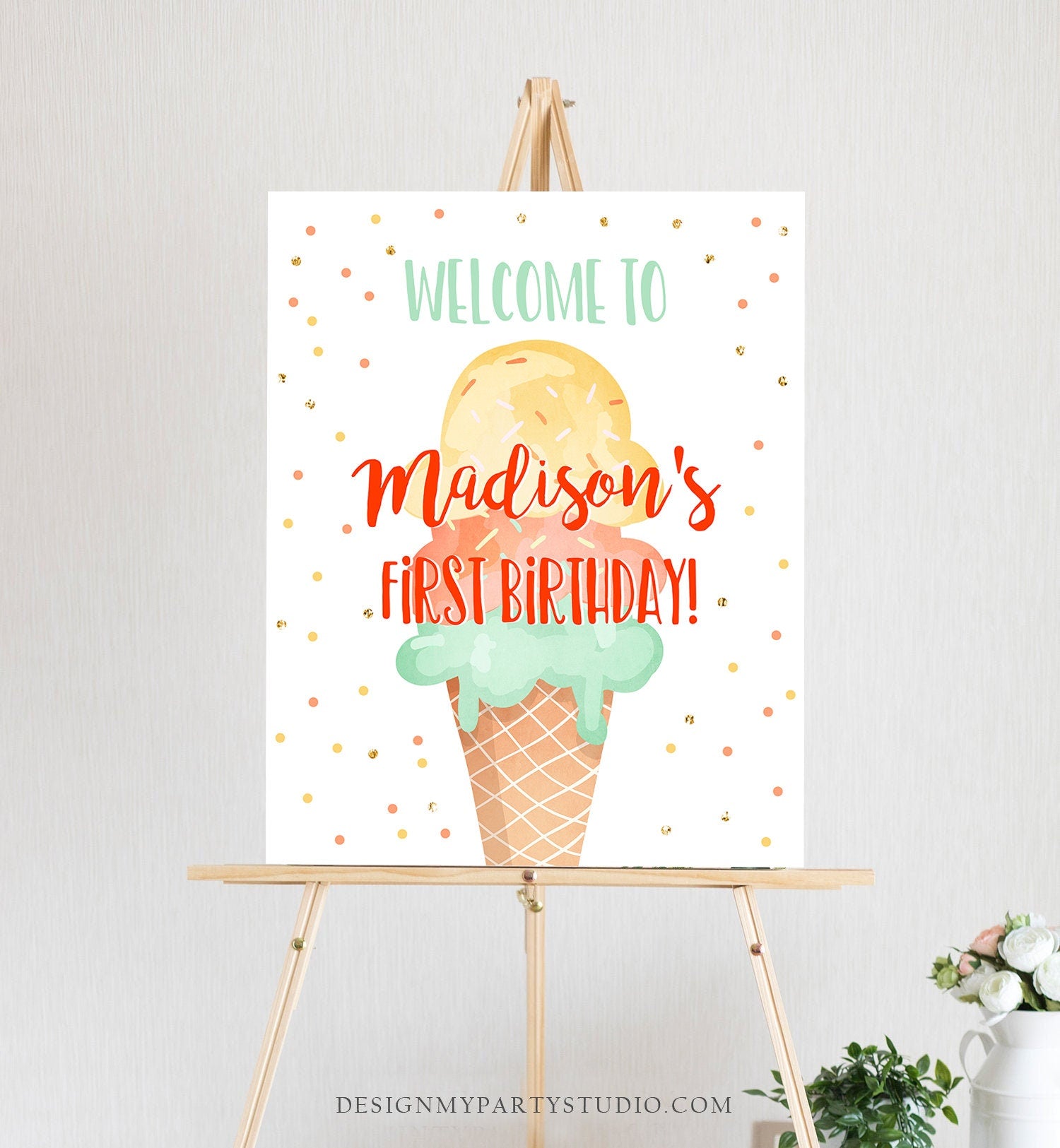 Editable Ice Cream Party Welcome Sign ice Cream Birthday Welcome Ice Cream Welcome Girl Summer Orange Yellow Template PRINTABLE Corjl 0243