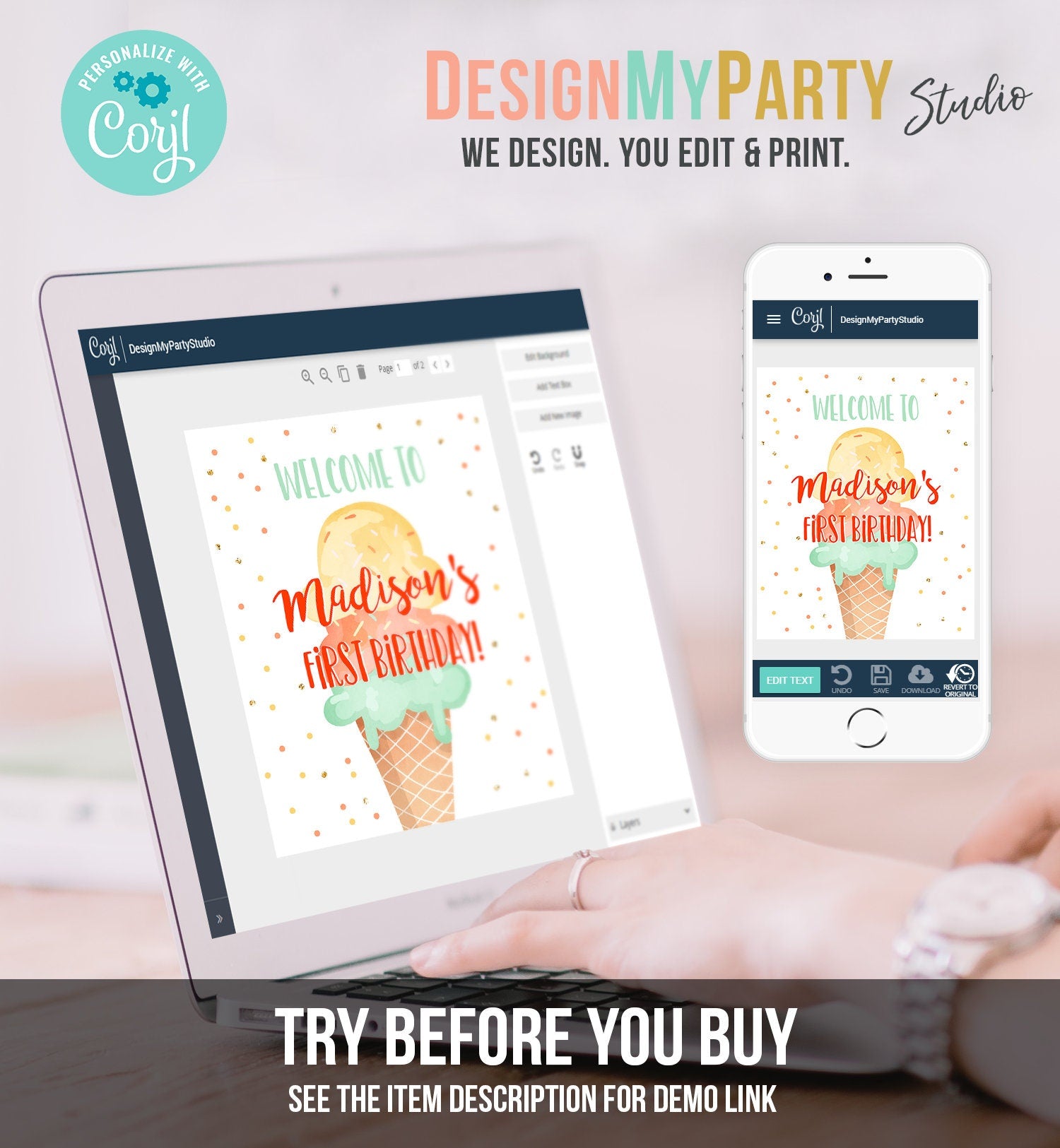 Editable Ice Cream Party Welcome Sign ice Cream Birthday Welcome Ice Cream Welcome Girl Summer Orange Yellow Template PRINTABLE Corjl 0243