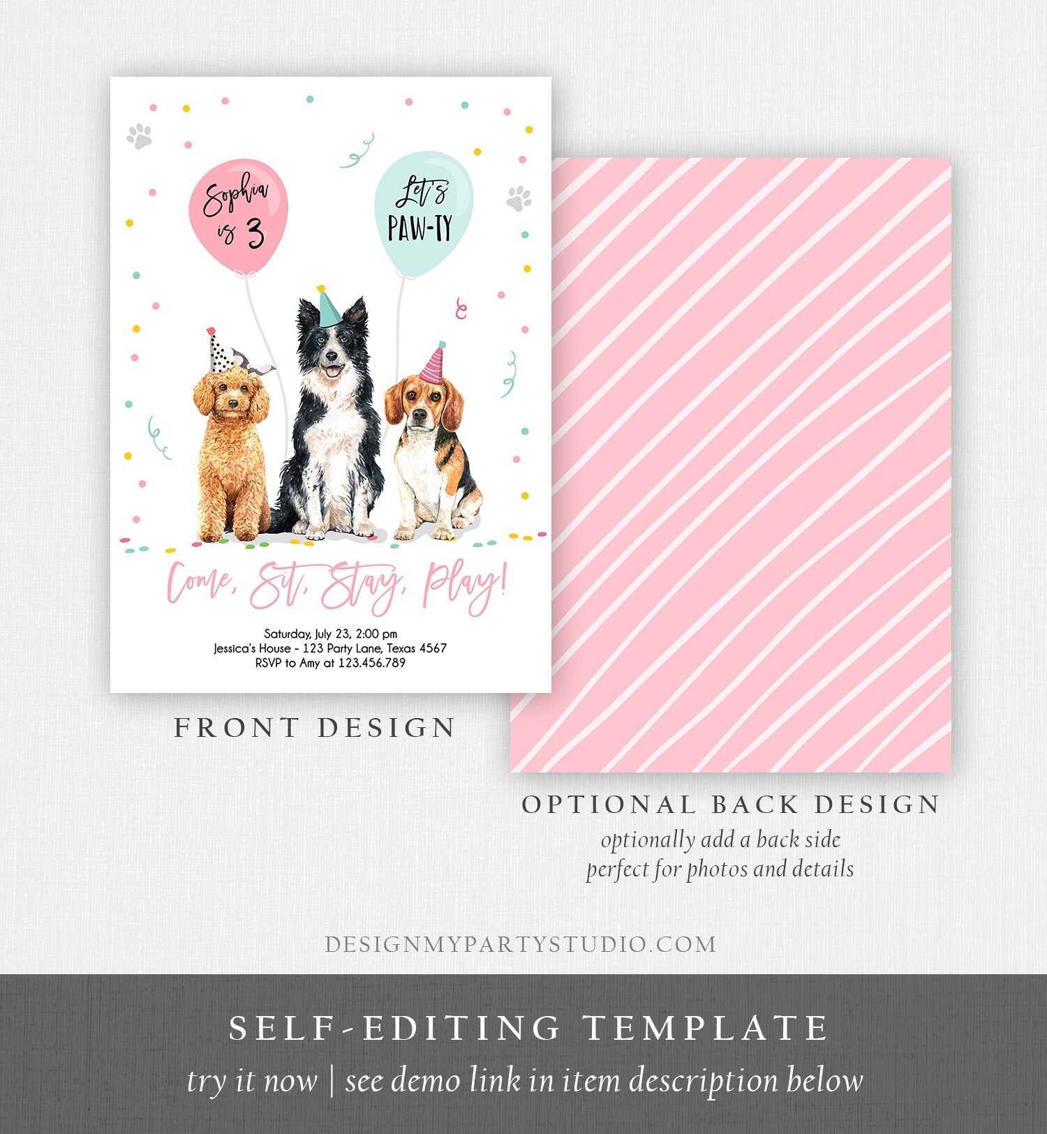 Editable Dog Birthday Party Invitation Puppy Birthday Invite Pink Girl Doggy Shelter Animal Pet Vet Digital Download Template Printable 0384