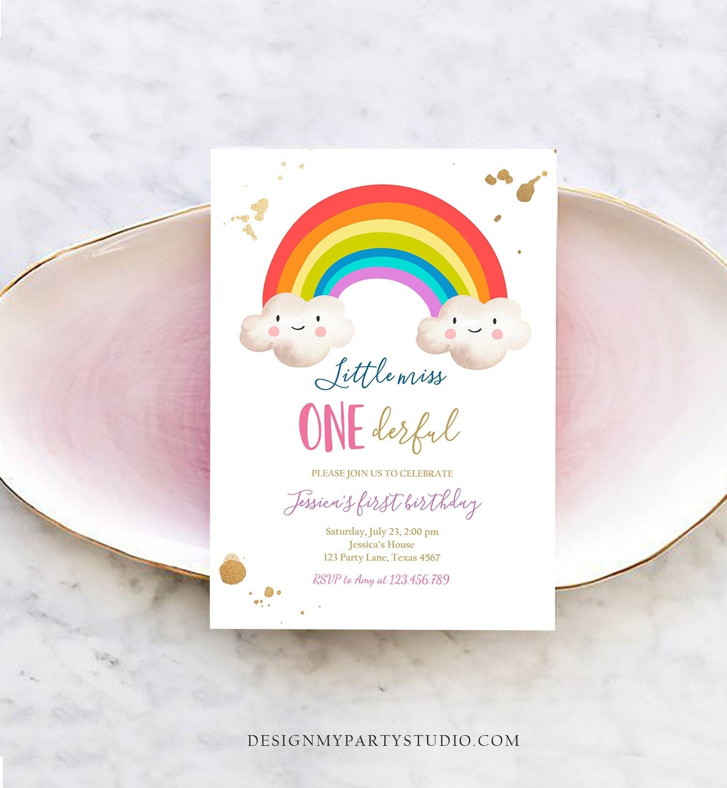 Editable Rainbow Birthday Invitation Little Miss Onederful Rainbow Colors First Birthday 1st Girl Printable Corjl Template Digital