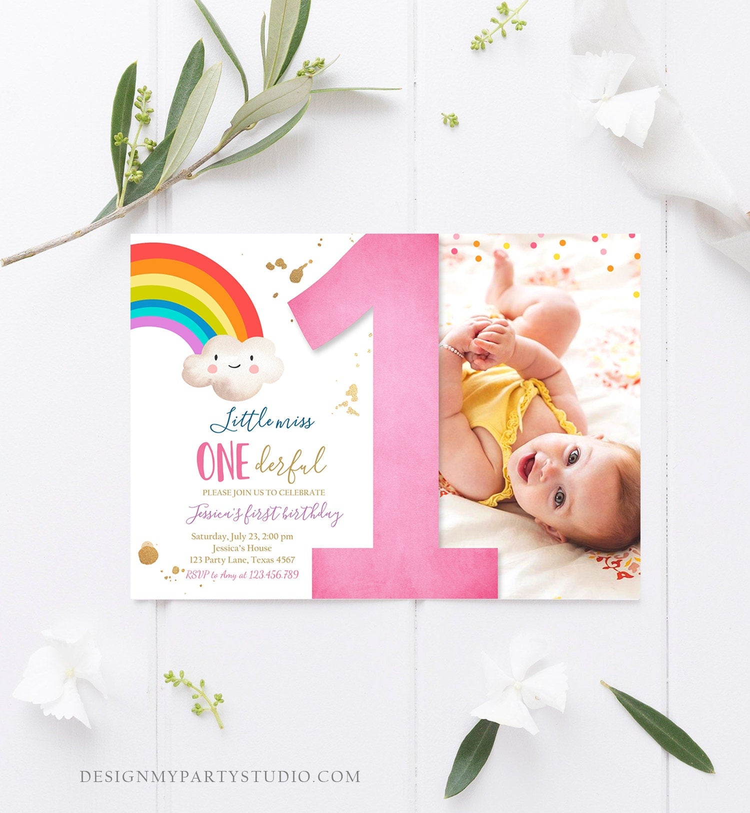 Editable Rainbow 1st Birthday Invitation Little Miss Onederful Rainbow Colors First 1st Girl Colorful Digital Download Template Printable