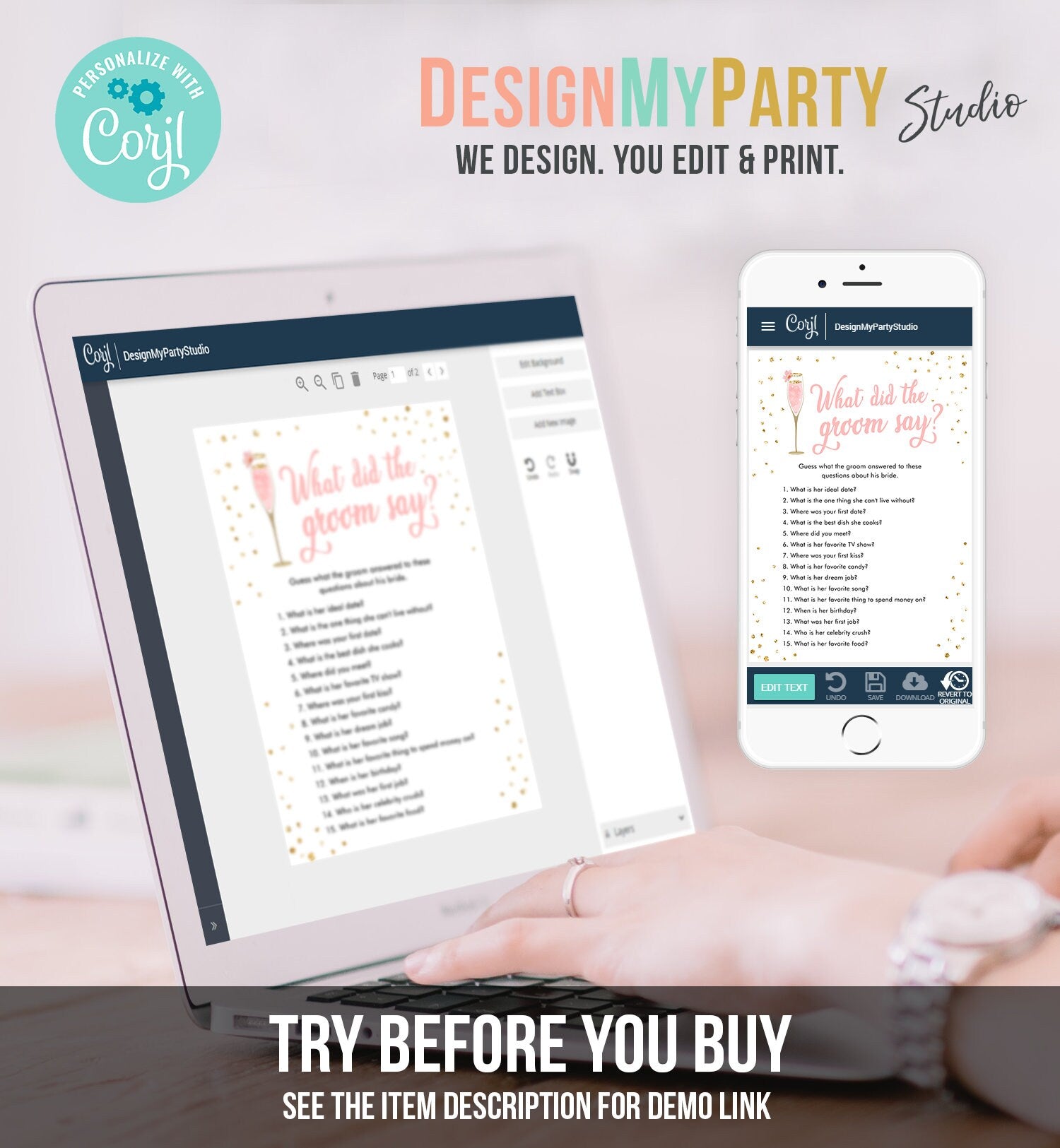 Editable What Did The Groom Say Bridal Shower Game Brunch and Bubbly What Groom Said Wedding Activity Gold Corjl Template Printable 0150