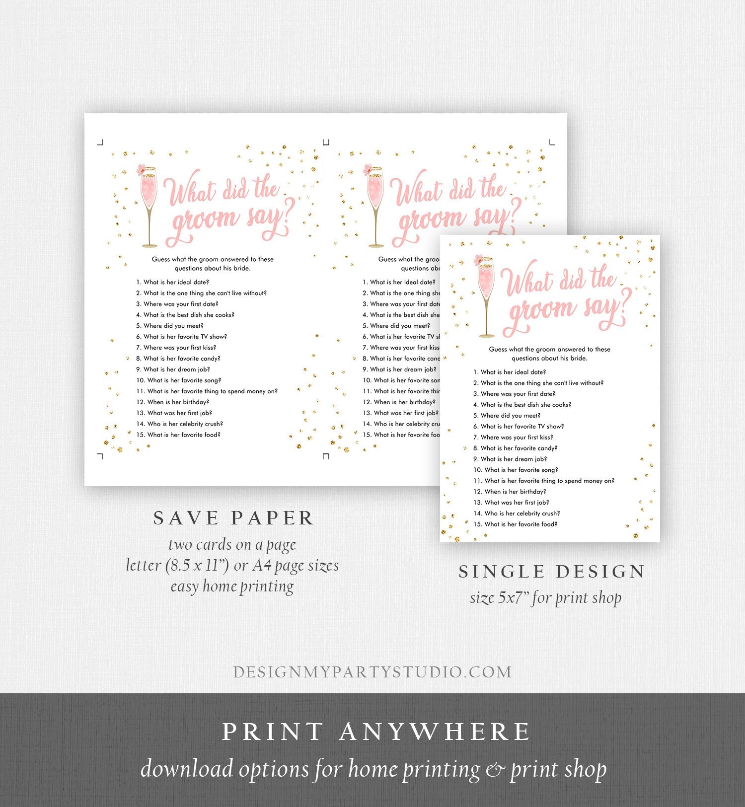 Editable What Did The Groom Say Bridal Shower Game Brunch and Bubbly What Groom Said Wedding Activity Gold Corjl Template Printable 0150