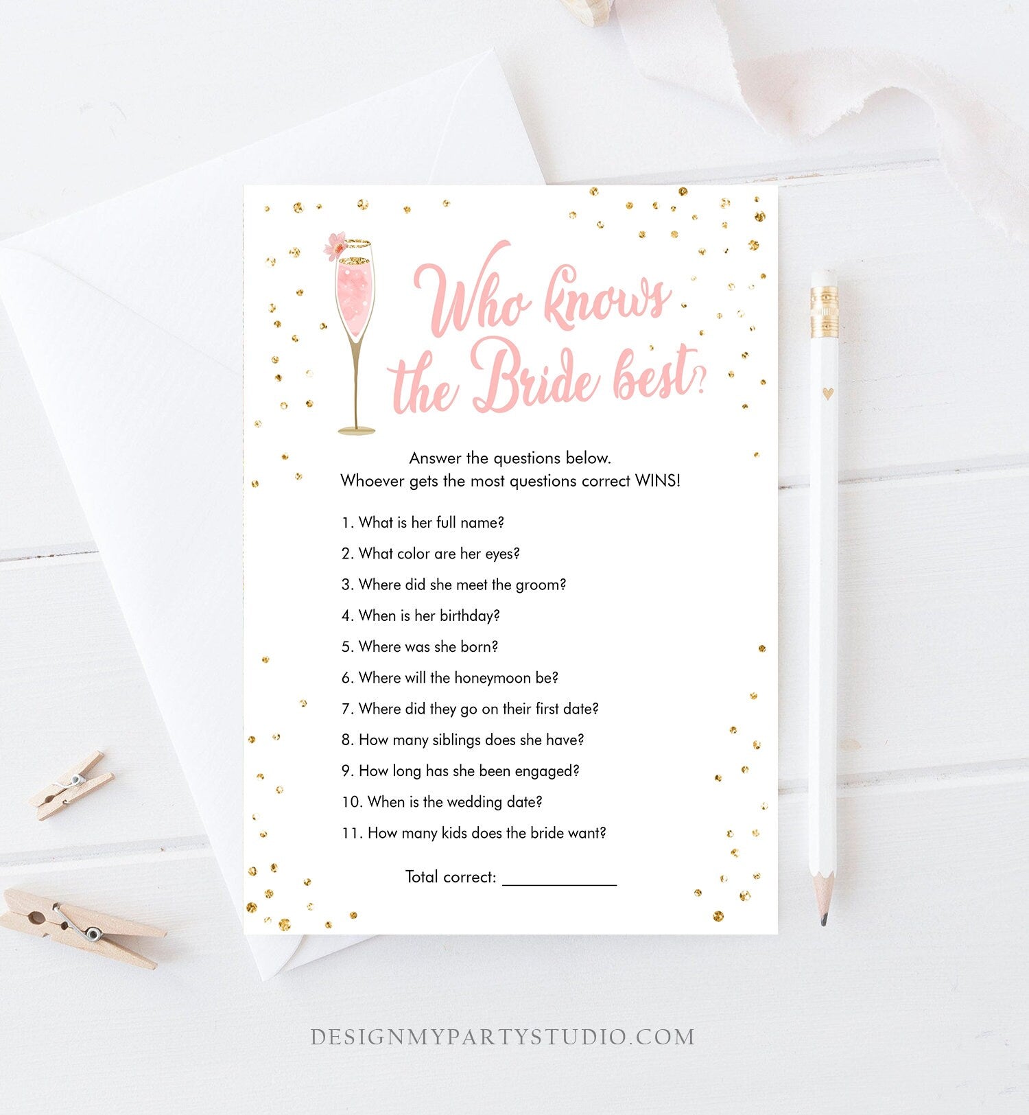 Editable Brunch and Bubbly Bridal Shower Game Bundle Pink Gold Champagne Glass Wine Wedding Activity Gold Corjl Template Printable 0150