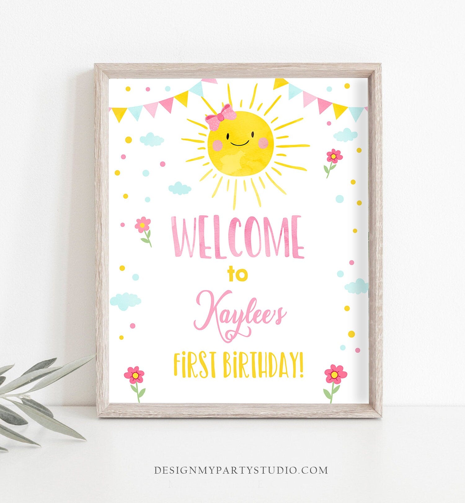 Editable Sunshine Welcome Sign Little Sunshine Birthday Party Pink Girl Lemonade and Fun Stand Summer Digital Template Printable 0141