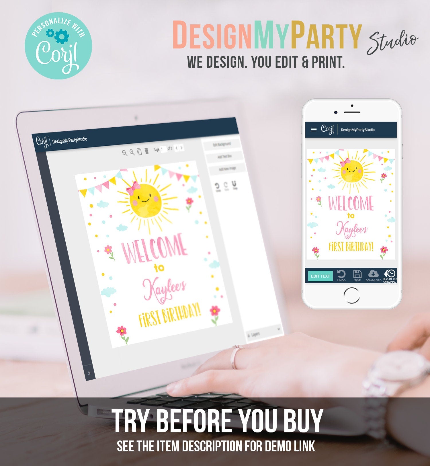 Editable Sunshine Welcome Sign Little Sunshine Birthday Party Pink Girl Lemonade and Fun Stand Summer Digital Template Printable 0141