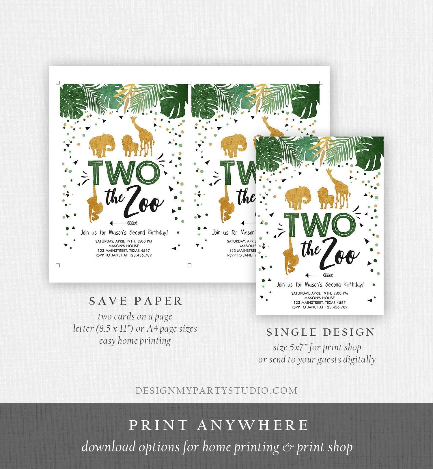 Editable Two the Zoo Birthday Invitation Party Safari Animals Jungle Boy Second Birthday 2nd Two Wild Gold Digital Template Printable 0016