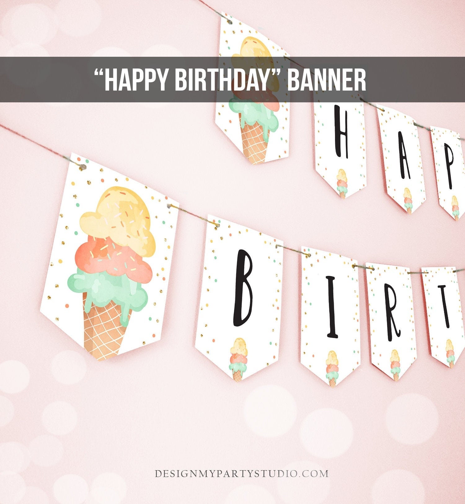 Happy Birthday Banner Ice Cream Birthday Party Mint Ice Cream Party Girl Birthday Decorations Instant download PRINTABLE DIGITAL DIY 0243